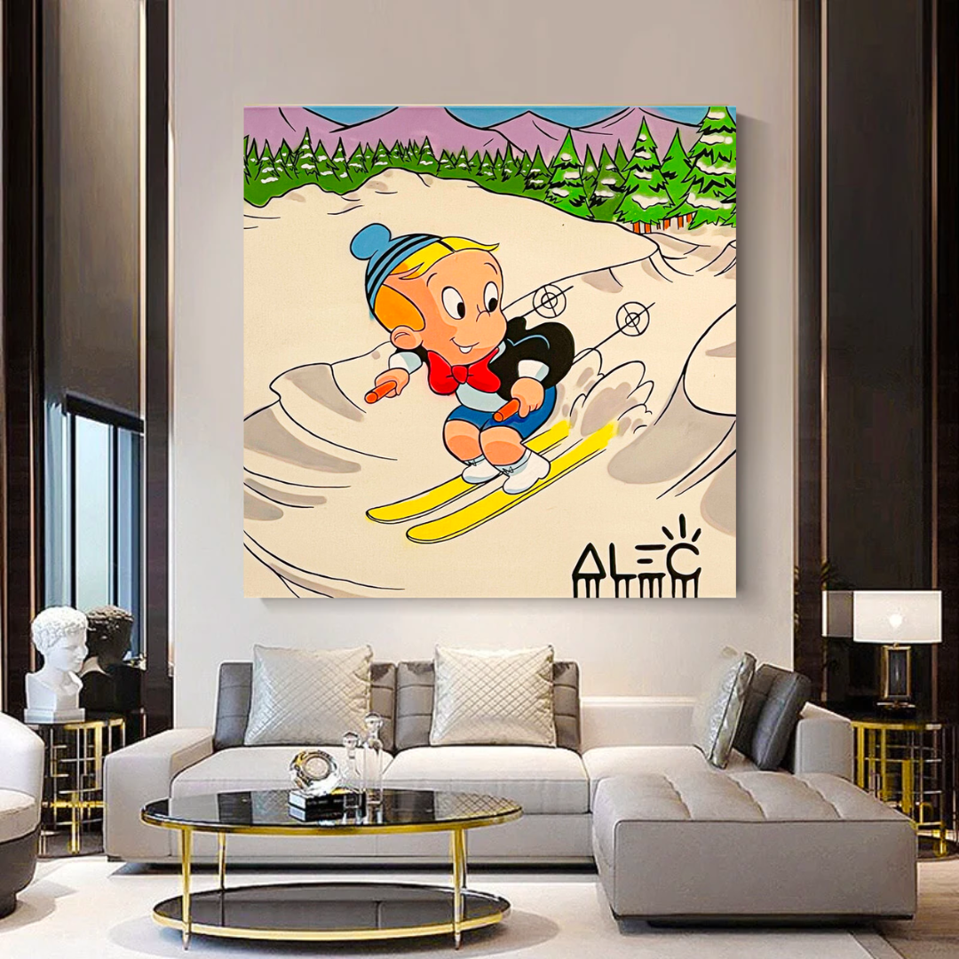 Alec Monopoly Money Maker Skiing Canvas Wall Art - Pop Art Home Decor for Living Room, Bedroom & Office - Unique Gift for Art Lovers