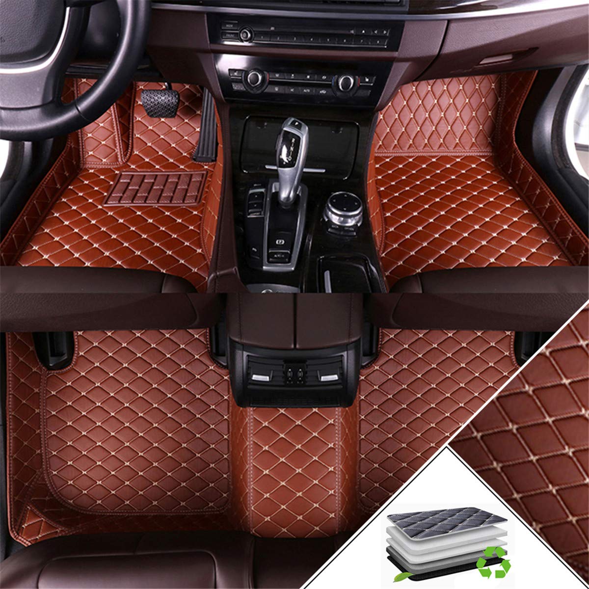 Premium Custom Car Floor Mats for Jaguar XJL 4-Seat (2010-2016) - All-Weather Non-Slip Full Coverage Protection Luxury Leather Liners (Brown) - Perfect for Daily Commute, Road Trips & Car Protection