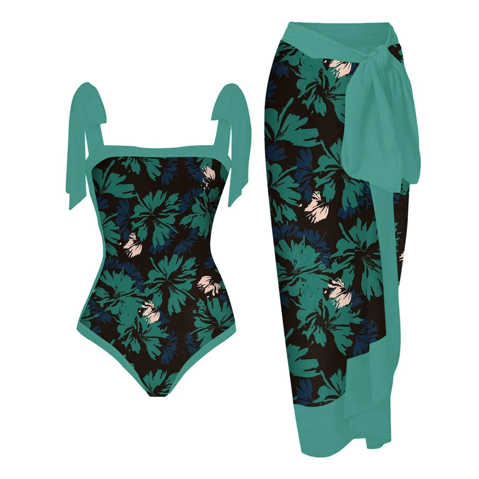 Women's Vintage Print Bikini Set - 1 Piece Swimwear + 1 Piece Mesh Cover Up - Sexy Two Piece Swimsuits for Beach, Pool & Summer Vacation