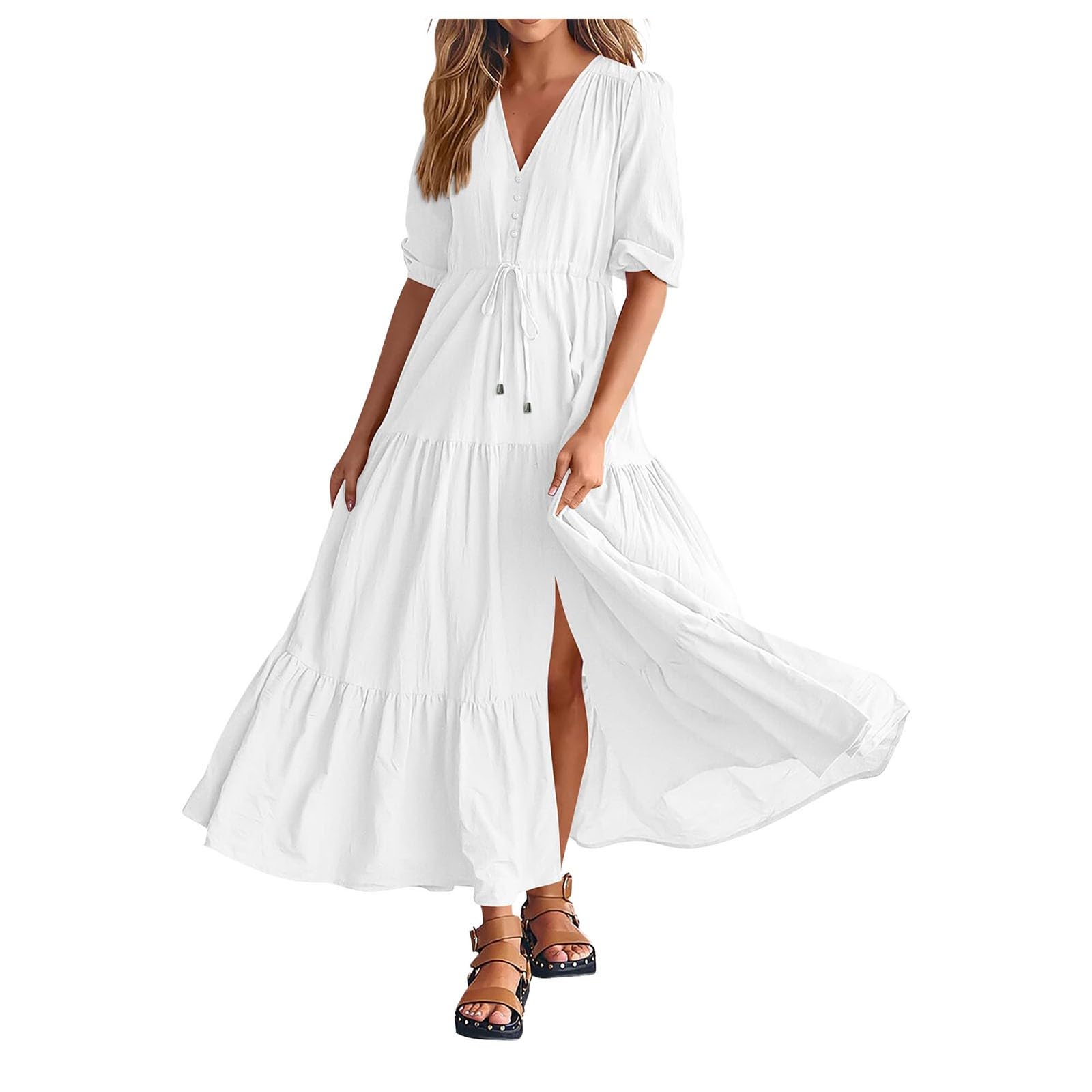 2024 Women's Tiered Maxi Dress - V Neck, Puff Sleeve, Belted Ruffle A-Line Flowy Sun Dress for Beach, Vacation & Summer Parties | Casual Boho Chic Dress for Outdoor Events, Date Night & Tropical Getaways