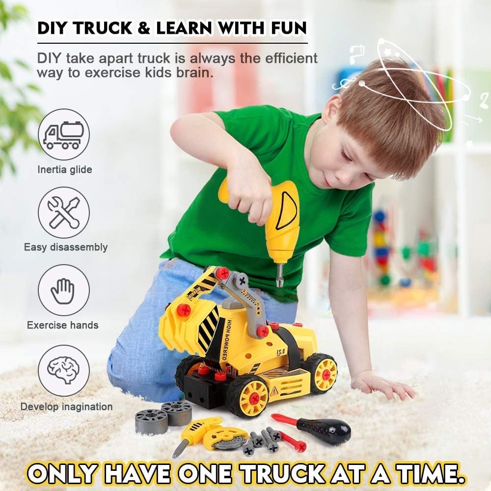 7 in 1 Take Apart Truck Toys with Electric Drill - STEM Construction Building Set for Kids Ages 3-8 | DIY Engineering Toy, Push & Go Vehicle, Educational Gift for Boys | Perfect for Birthday Presents, Classroom STEM Activities & Creative Playtime