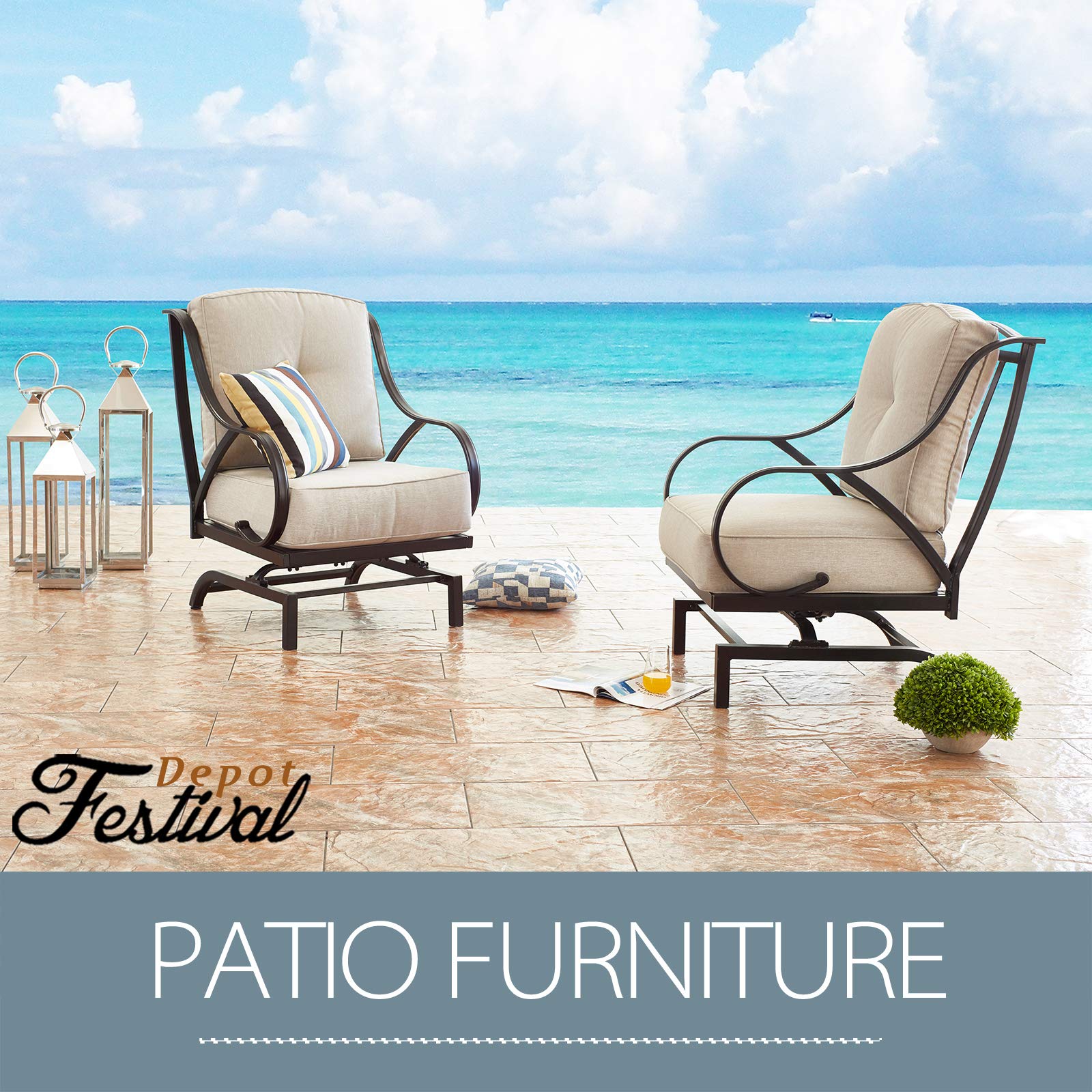 Festival Depot 2-Piece Patio Chair Set with Thick Cushions - Metal Armchairs for Outdoor Bistro, Deck & Garden - Beige - Perfect for Relaxing, Entertaining & Outdoor Dining