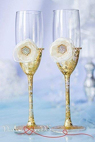 Personalized Gold Wedding Toasting Flutes - Engraved Champagne Glasses for Bride and Groom - Elegant Ivory Wedding Flutes Set of 2 - Perfect for Wedding Ceremony, Anniversary & Romantic Celebrations