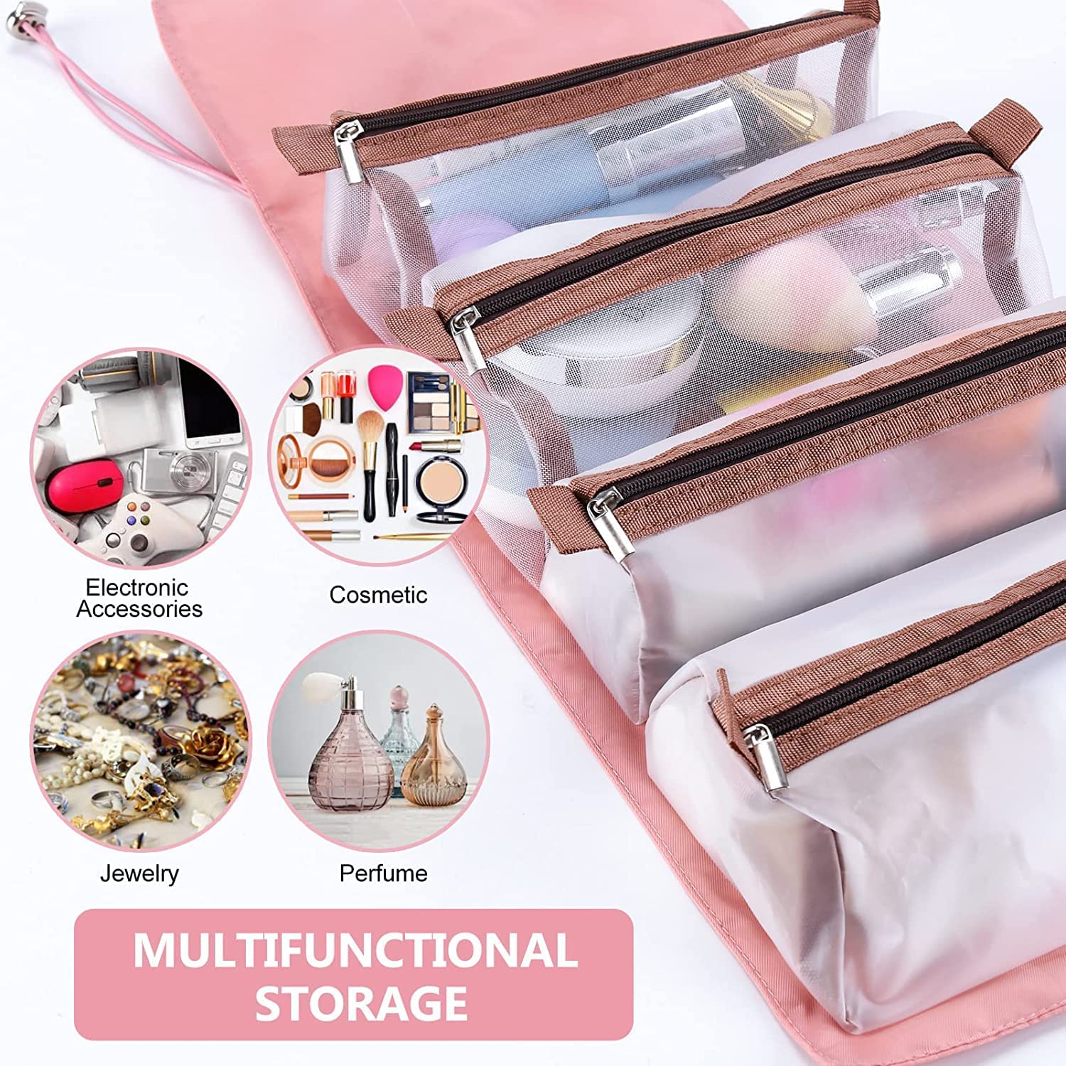 NGEL 4-in-1 Foldable Cosmetic Makeup Storage Bag | Hanging Roll-Up Travel Organizer for Women | Waterproof Removable Cosmetic Pouch | Perfect for Travel, Home & Salon Use (Pack of 1)