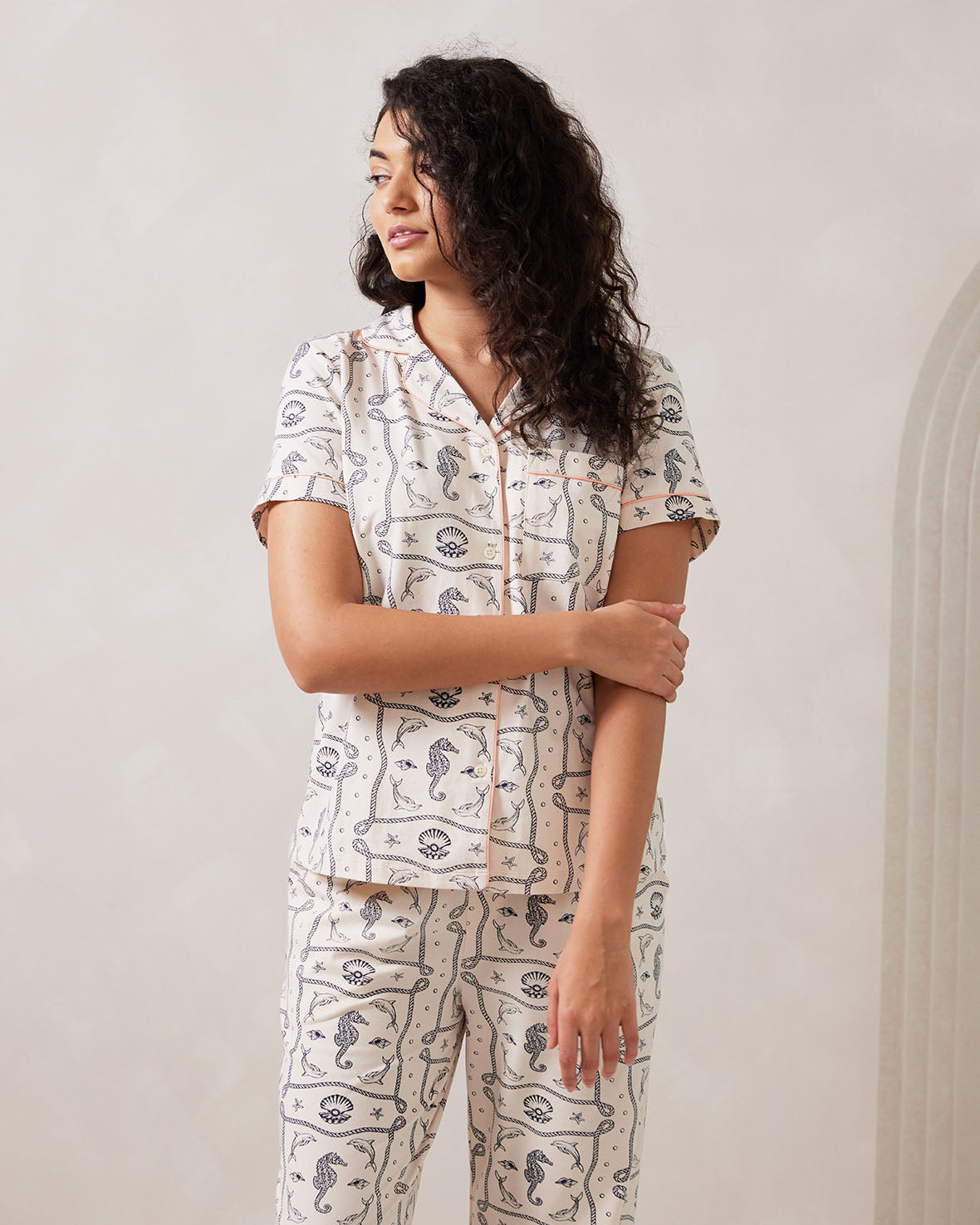 Organic Cotton Under the Sea Print Long Pajama Set - Soft & Comfortable Sleepwear for Women, Cute Ocean Theme Loungewear for Home & Vacation
