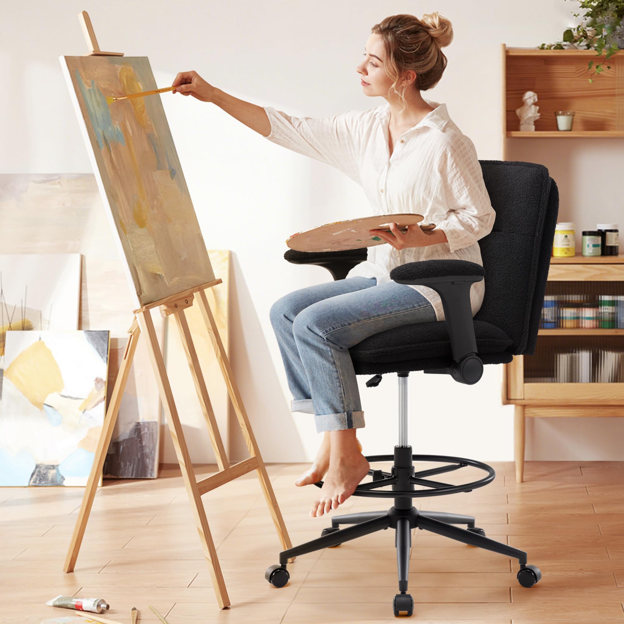 Ergonomic Adjustable Height Drafting Chair with Padded Armrests & Footrest Ring - Tall Office Stool for Standing Desk, Computer Work & Counter Height Tables - Perfect for Home Office, Architects & Artists (Black)