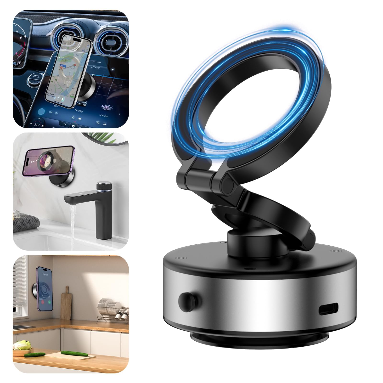 KOQ Upgraded Silver Magnetic Car Phone Mount - 360° Rotatable Vacuum Suction Phone Holder for iPhone, Samsung & All Smartphones | Strong Magnetic Grip for Dashboard & Windshield | Perfect for Road Trips, GPS Navigation & Hands-Free Calling