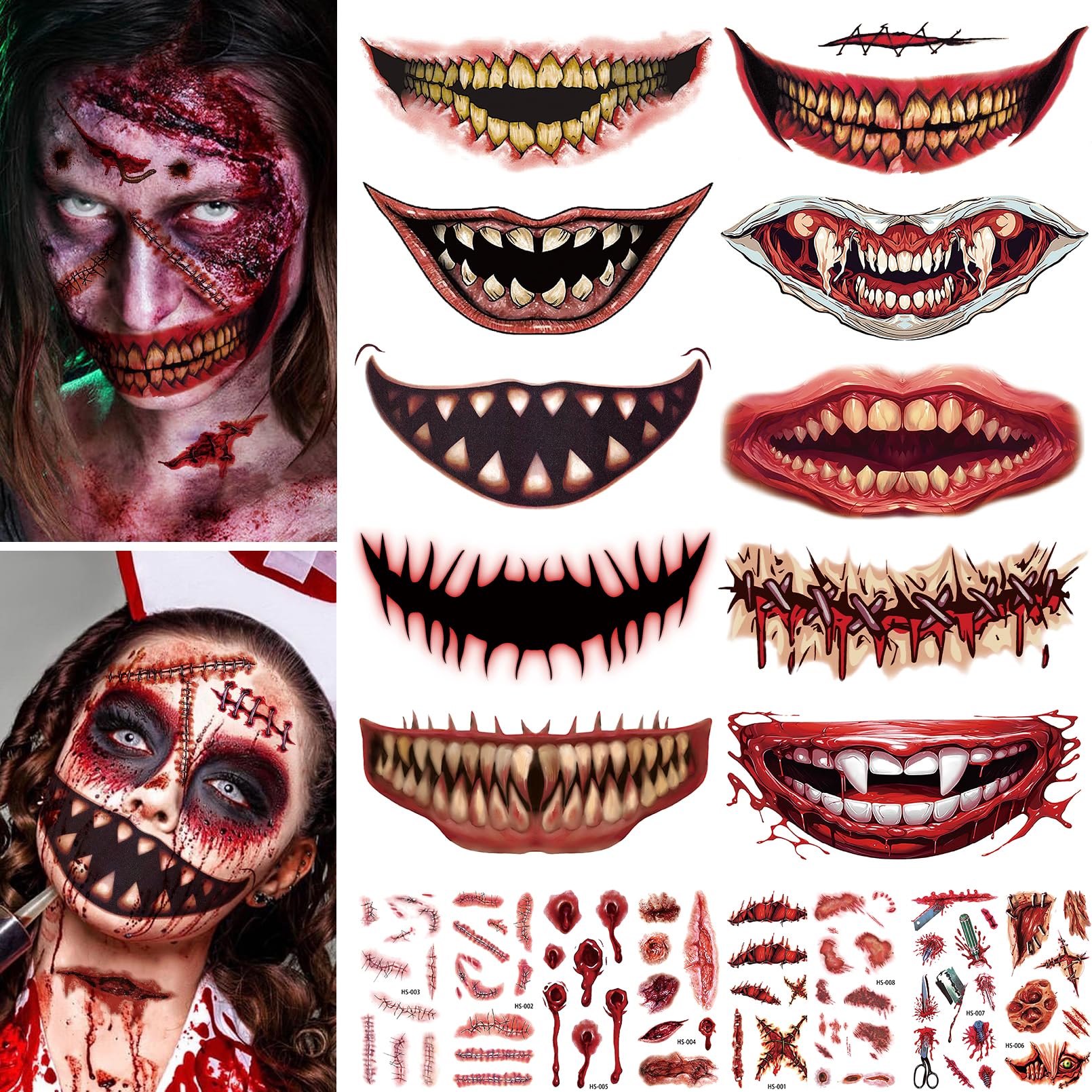 170+ PCS Halloween Mouth Tattoos - 30 Sheets Zombie, Pumpkin, Witch & Sugar Skull Designs for Scary Makeup & Face Tattoos - Perfect for Halloween Parties, Horror Prank Gifts & Cosplay Costume Accessories