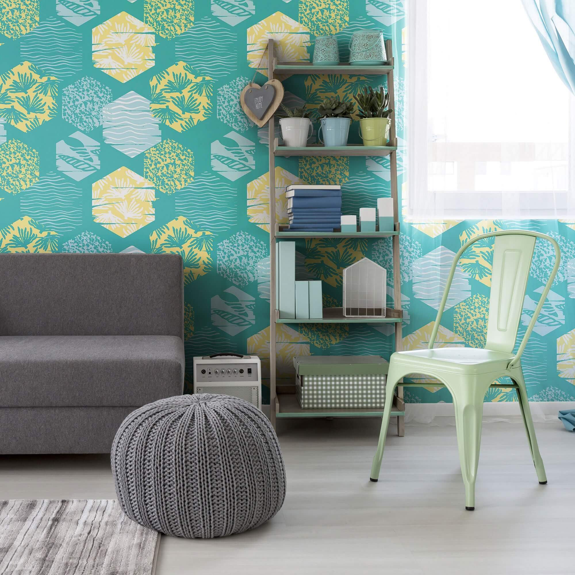 Retro Yellow and Mint Green Peel and Stick Removable Wallpaper for Teens - Self-Adhesive Decorative Wall Covering for Bedroom, Dorm, or Nursery Decor
