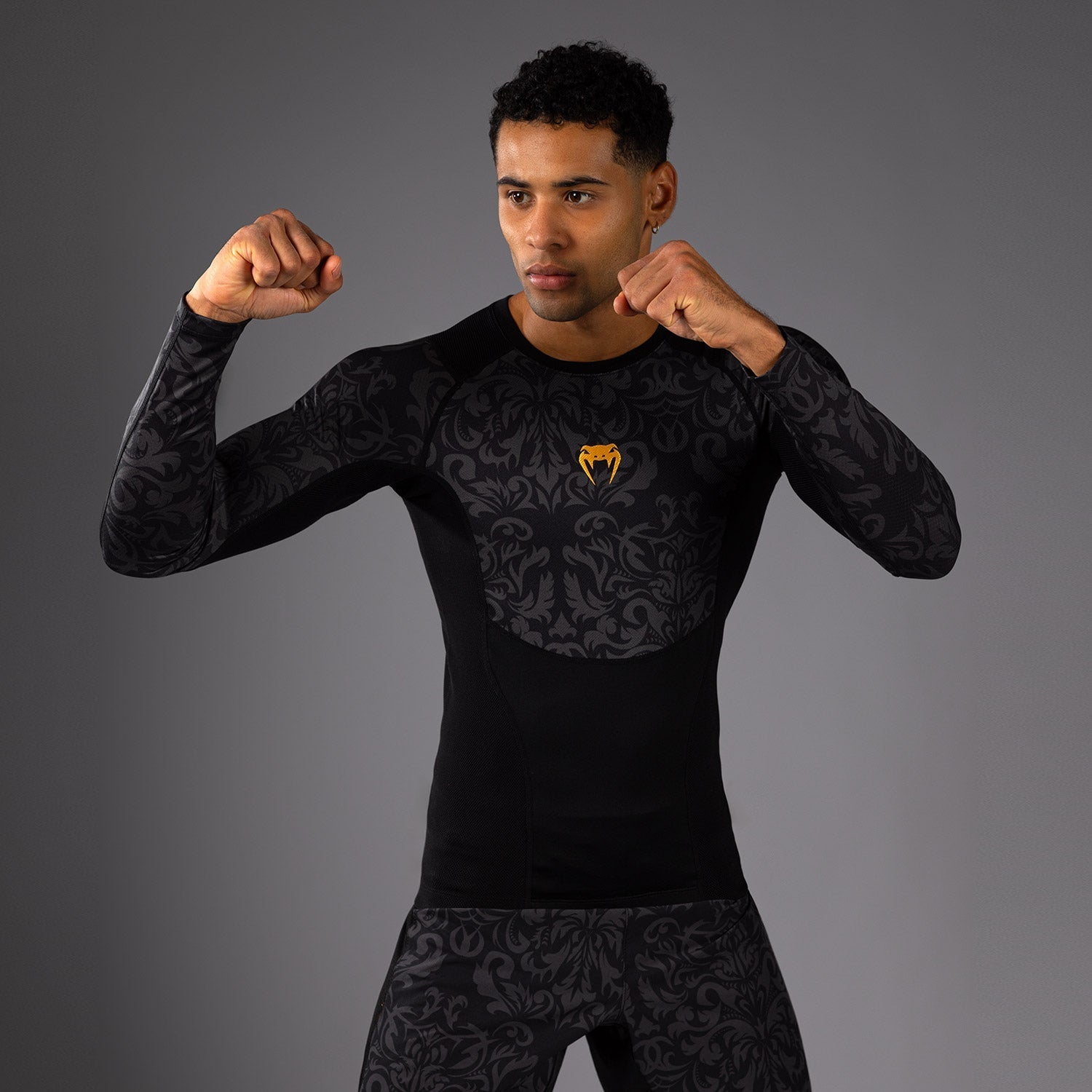 Venum x Topuria Unmatched Edition Long Sleeve Rashguard - Black/Gold MMA & BJJ Training Shirt for Grappling, MMA & Combat Sports