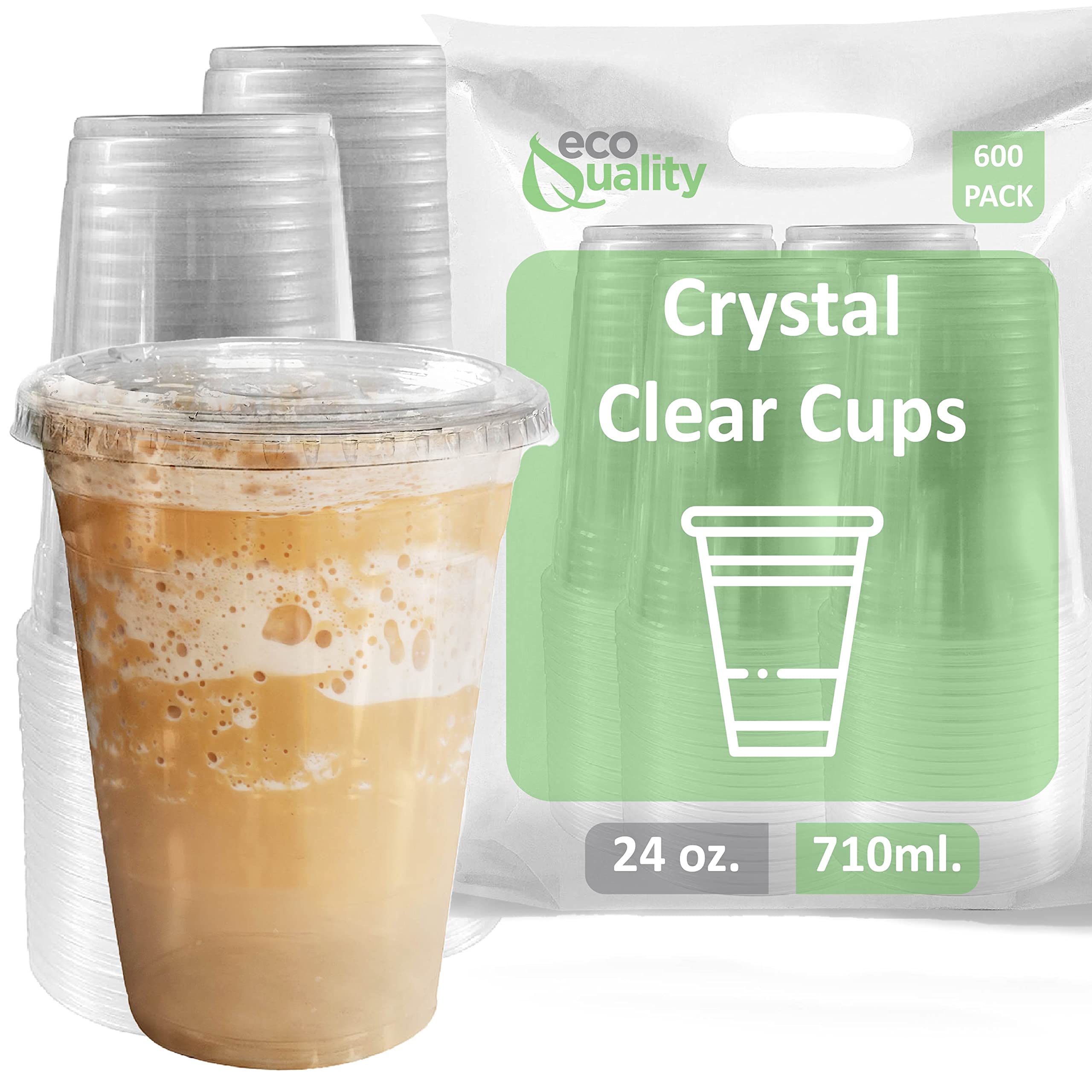 24 oz Clear Plastic Disposable Cups with Lids - 600 Pack Iced Coffee & Smoothie Cups | Ideal for Cold Drinks, Juice, Soda, Cocktails | Perfect for Coffee Shops, Parties, Events & Takeout