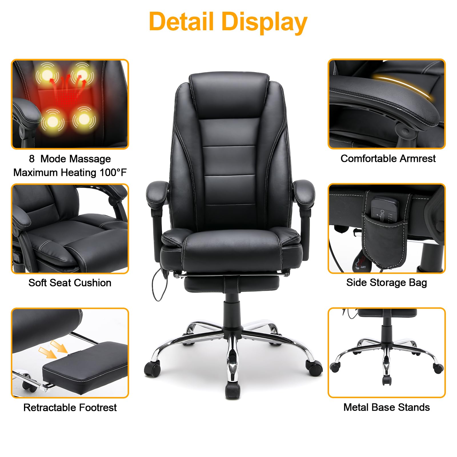 HOMREST 4-Point Massage Reclining Office Chair with Heating - Ergonomic Leather Executive Chair with Retractable Footrest - Adjustable Computer Desk Chair for Home Office, Study, Gaming & Relaxation (Black)