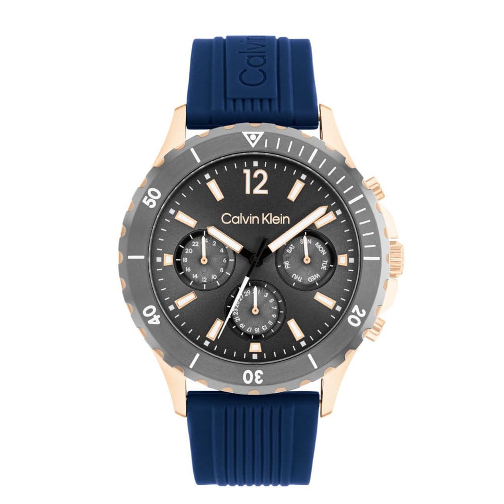 Calvin Klein Men's Chronograph Watch with Gray Dial & Blue Silicone Strap - Model 25200316 | Perfect for Business, Casual Wear & Gift Giving