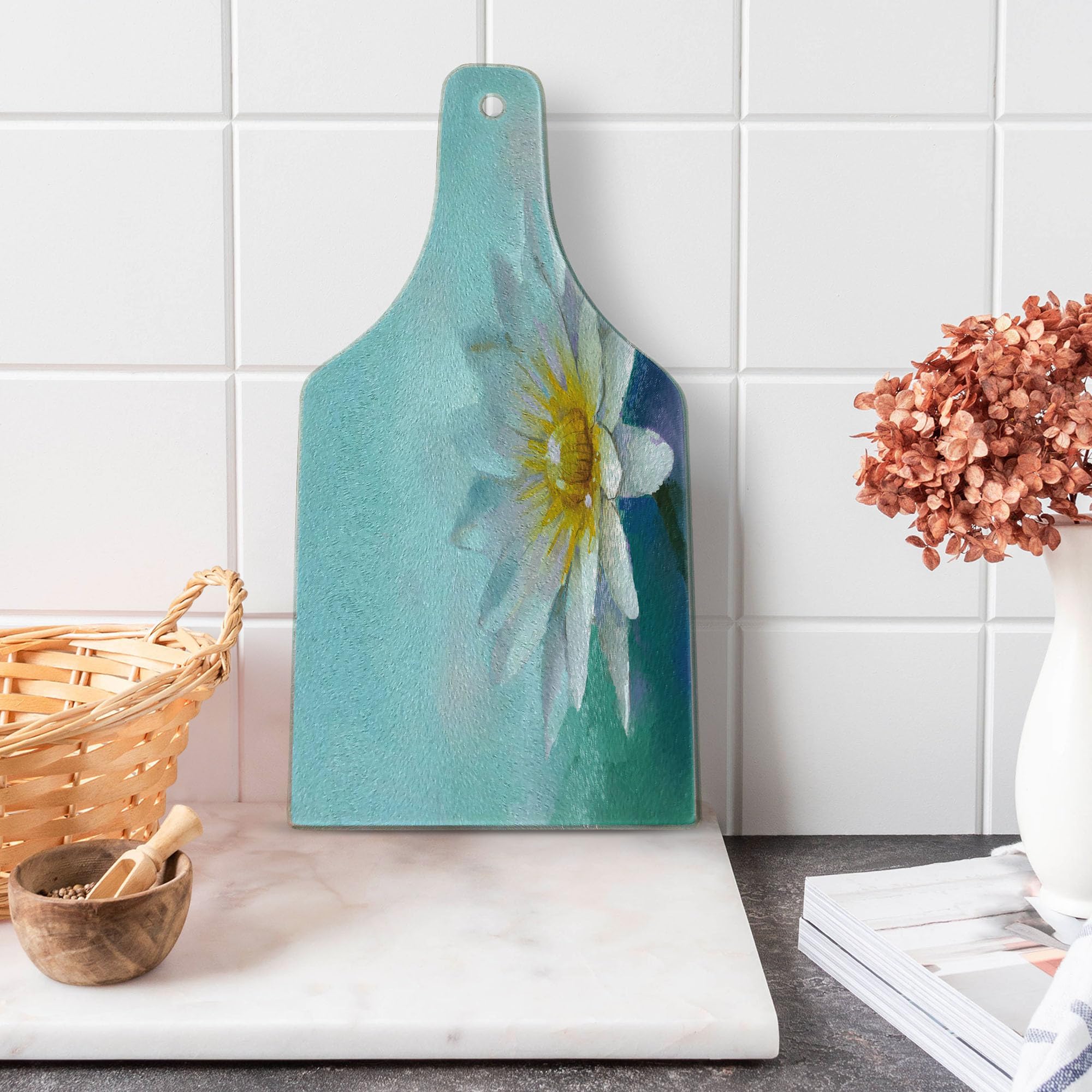 Lunarable Floral Cutting Board - Impressionist Lotus & Daisy Design on Tempered Glass - Wine Bottle Shaped Serving Board (White & Blue) - Perfect for Cheese Platters, Charcuterie & Wine Pairing