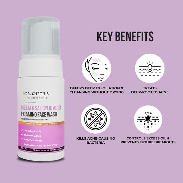 Dr. Sheth's Neem & Salicylic Acid Foaming Face Wash for Acne-Prone Skin | Exfoliating & Cleansing Facial Cleanser with Natural Ingredients | 100ml | Perfect for Daily Skincare Routine & Blemish Control