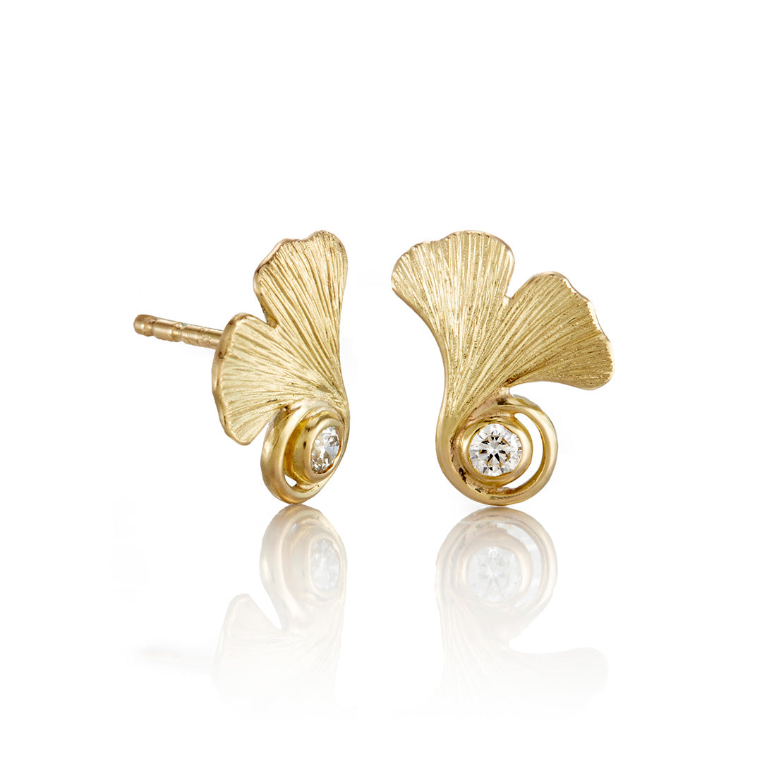 Elegant Ginkgo Leaf & Diamond Stud Earrings – 14K Gold Dainty Earrings for Women, Perfect for Weddings, Parties & Everyday Wear