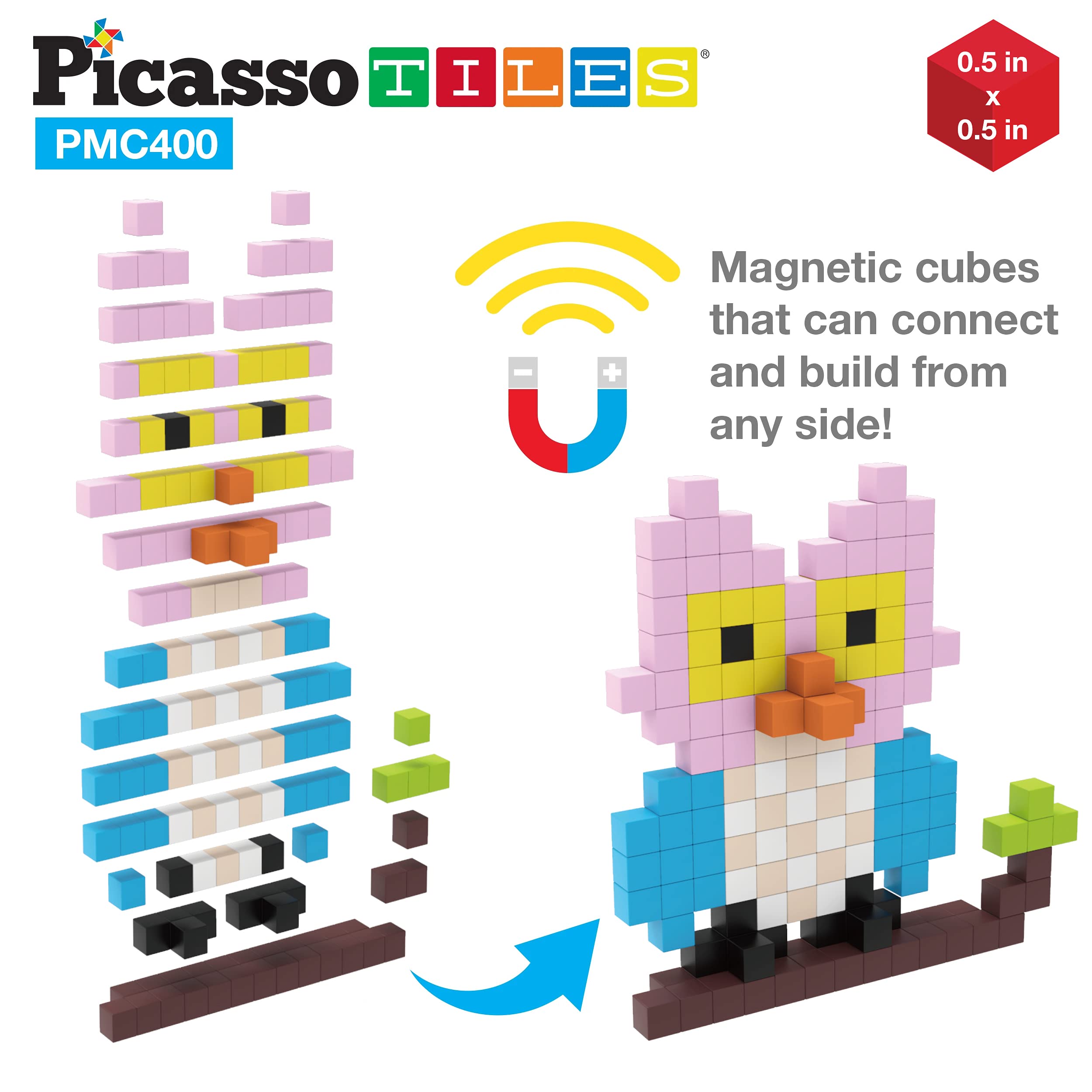 Picasso Cubes 0.5” Magnetic Building Blocks - 400 Piece STEM Educational Toy Set for Kids, Mix & Match Puzzle Cubes with Sensory Play, Creative Stacking Construction Kit (PMC400) - Perfect for Classroom Learning, Birthday Gifts & Family Bonding Activities