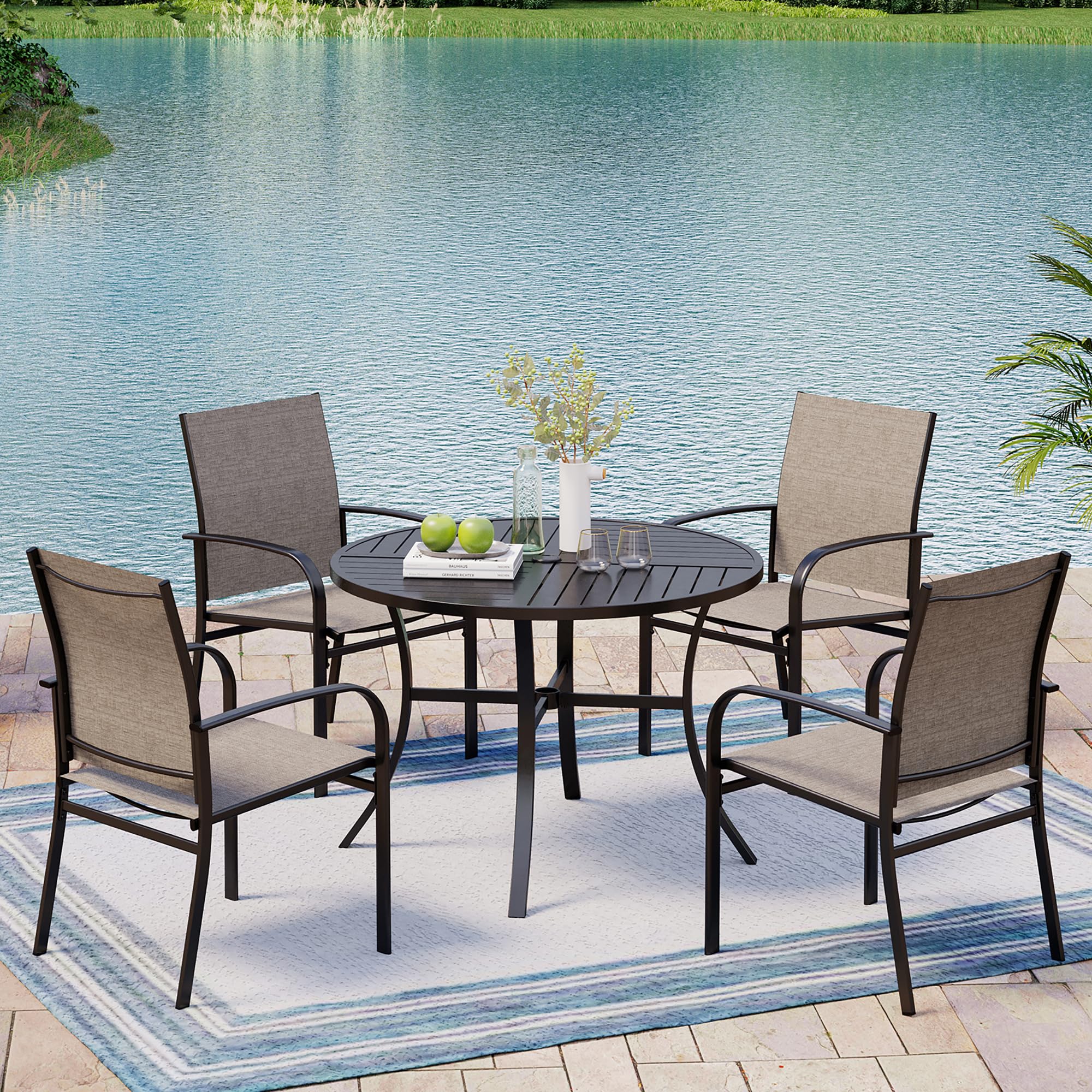 6-Piece Brown Textilene Patio Dining Chairs Set with Armrests - Durable Outdoor Furniture for Backyard, Garden & Poolside Dining
