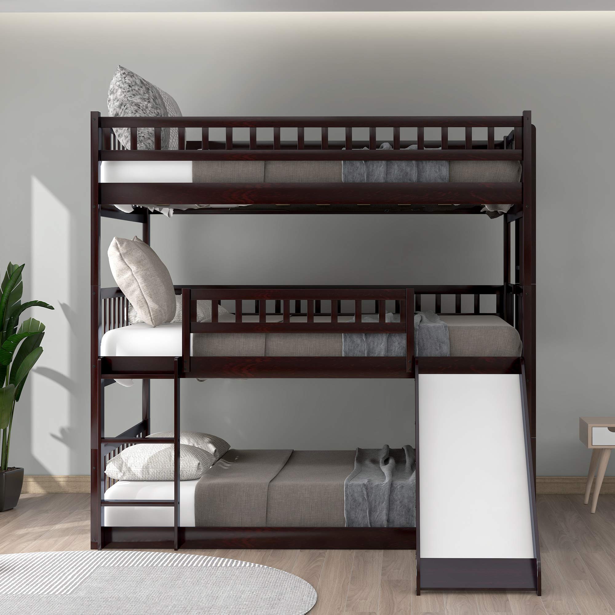 Triple Bunk Bed with Slide - Full Over Full 3 Tier Bunk Beds for Kids, Boys & Girls - Sturdy Wooden Loft Bed with Ladder - Espresso Finish - Perfect for Shared Kids Rooms, Sleepovers & Small Spaces
