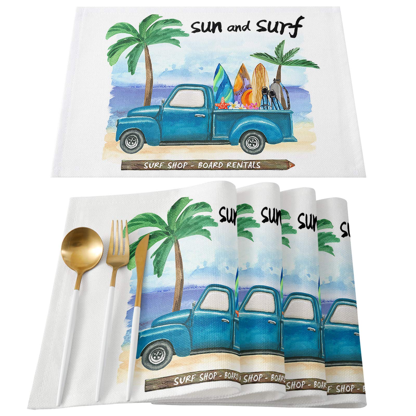 AGOUNOD 4-Pack Summer Beach Placemats - Sun & Surf Themed Cotton Linen Washable Table Mats for Dining, Parties, Family Dinners | Perfect for Coastal Decor, Outdoor Entertaining & Holiday Gatherings (Set of 6)