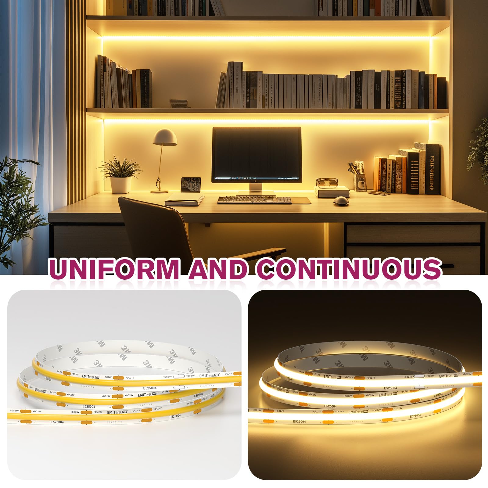 EMITEVER COB LED Strip Lights Warm White 3000K - High Density 360+ Lumens/ft, 2560 LEDs/5m Spool, 90+ CRI, 24V DC, UL Listed - Perfect for Home Kitchen Lighting, Bedroom Accent, and Commercial Display (Power Supply Sold Separately)