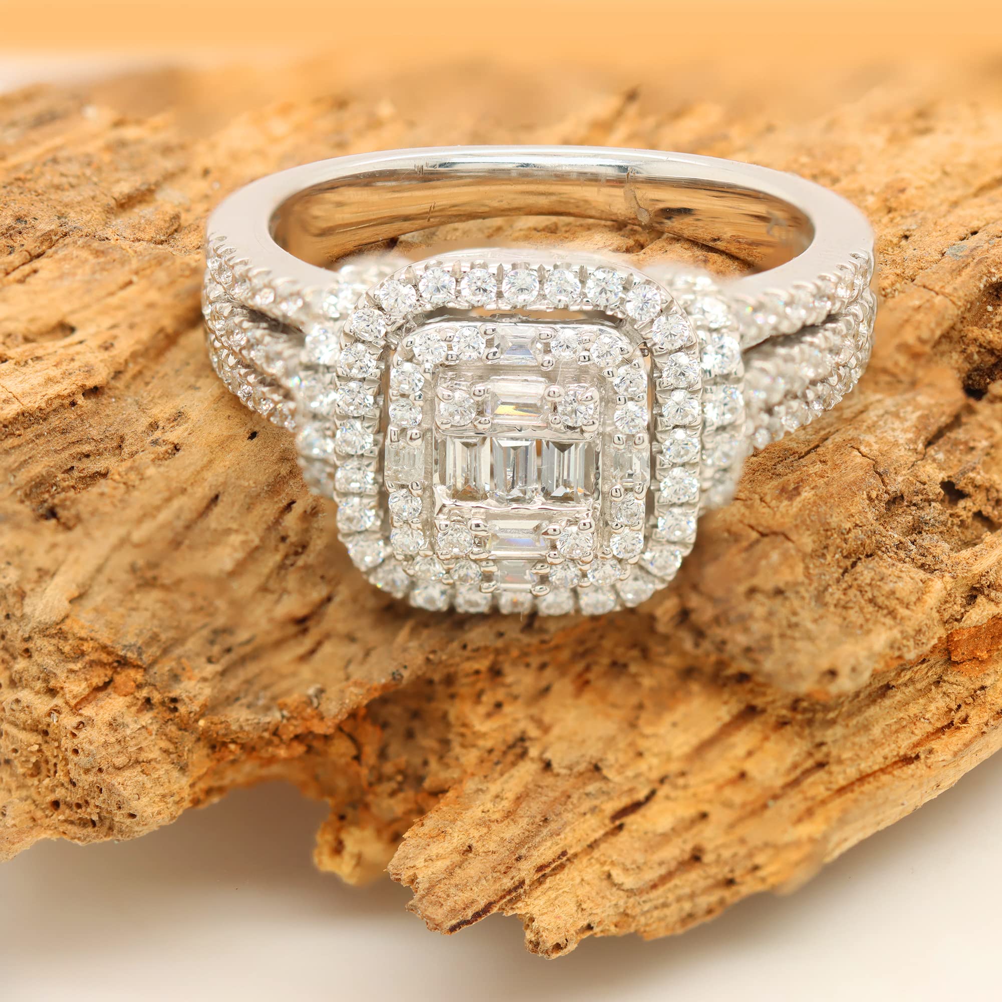 1.30 Ct Round & Baguette Simulated CZ Diamond Cluster Halo Trio Wedding Band Set for Women - 14K Gold Over 925 Sterling Silver (VVS1 Clarity, D Color) - Perfect for Engagement, Promise Rings & Anniversary Gifts