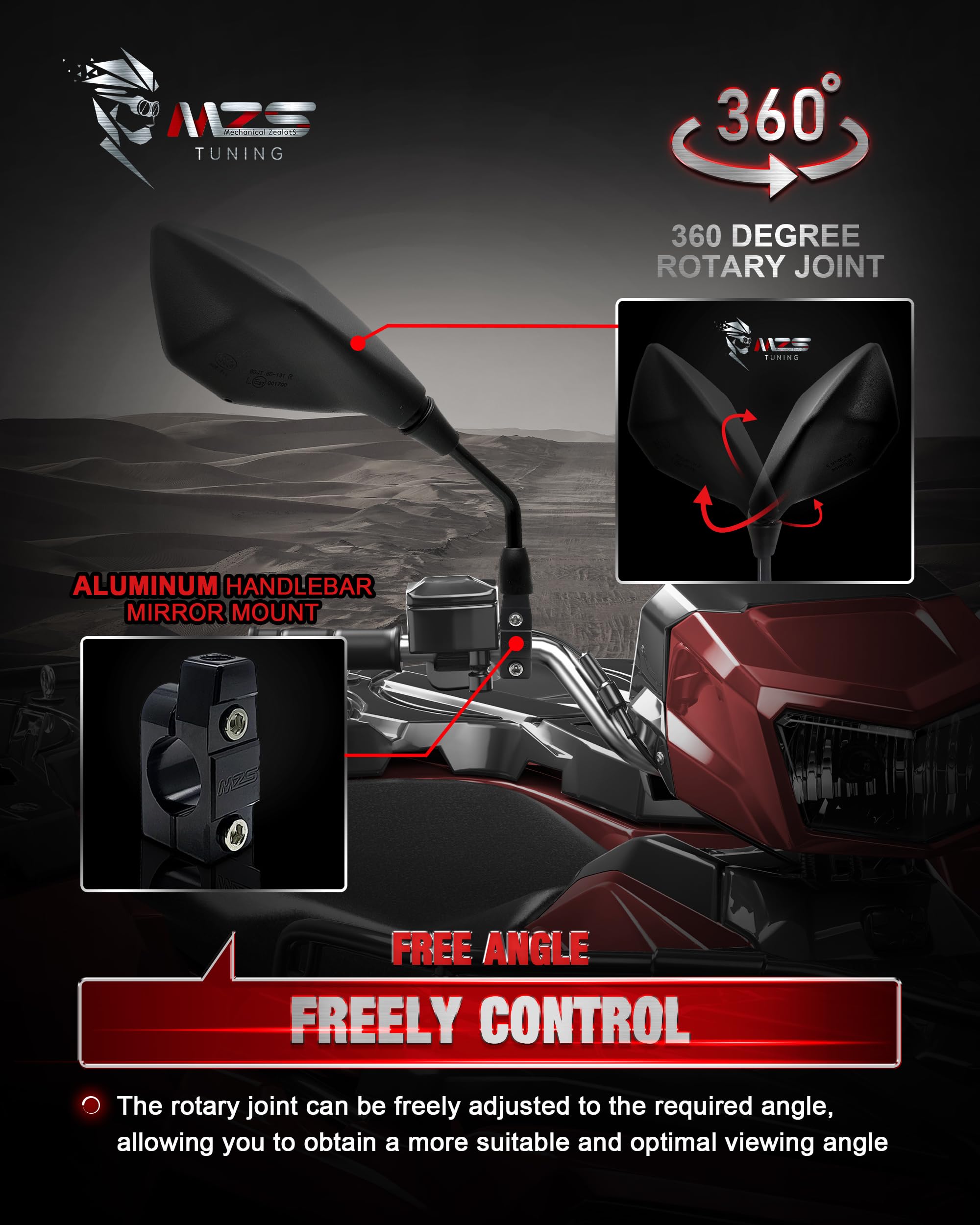 Universal MZS Motorcycle Mirrors 10mm & 8mm - CNC Handlebar Mount ATV Rearview Side Mirrors (Black) for Dirt Bikes, Street Bikes, Adventure Quads, Snowmobiles & Scooters - Enhanced Safety for Off-Road & Urban Riding