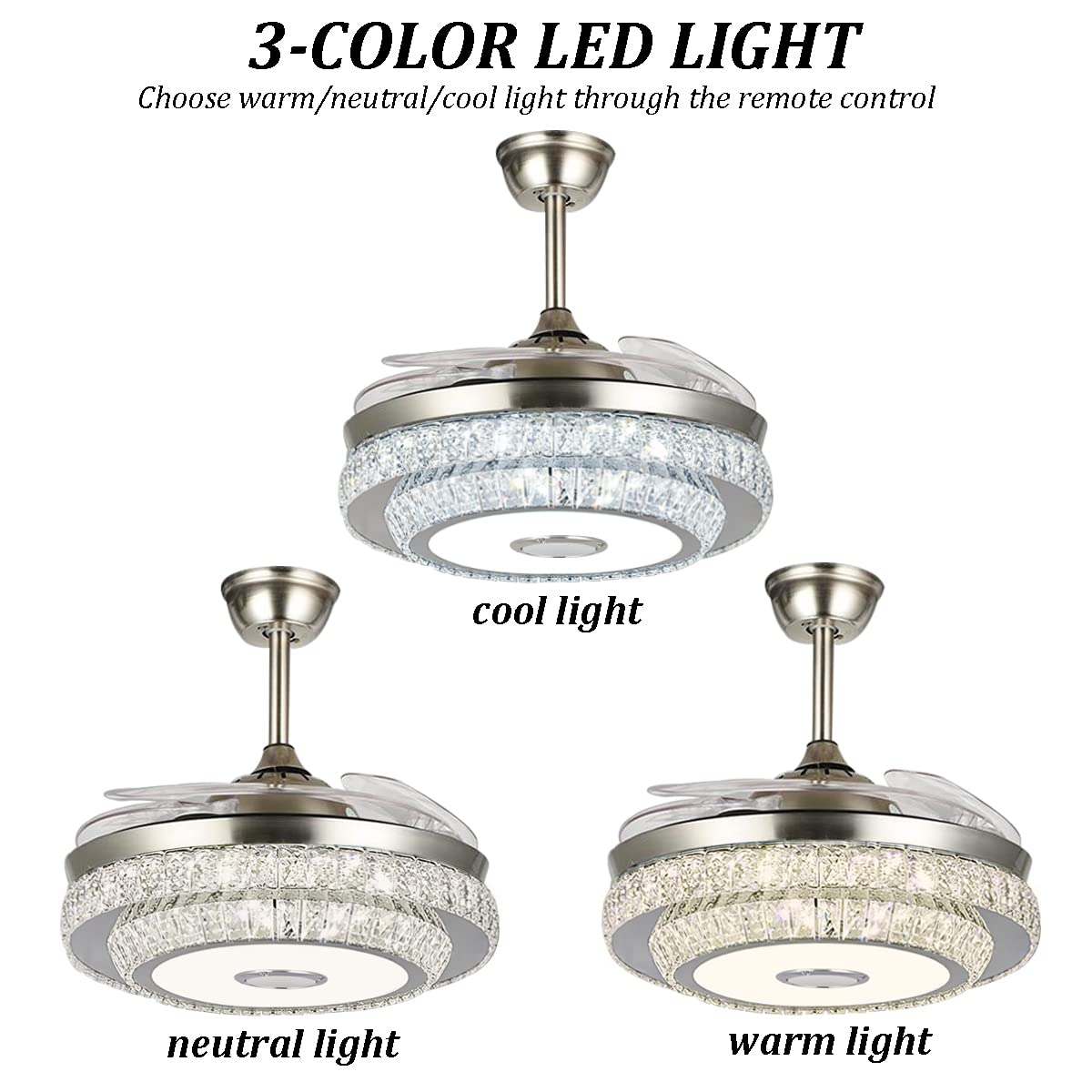 42 Inch Modern Retractable Crystal Ceiling Fan with LED Lights - Smart 7 Color Dimmable Chandelier & Bluetooth Speaker - Remote Control, Silent Motor - Perfect for Living Room, Bedroom, and Dining Room
