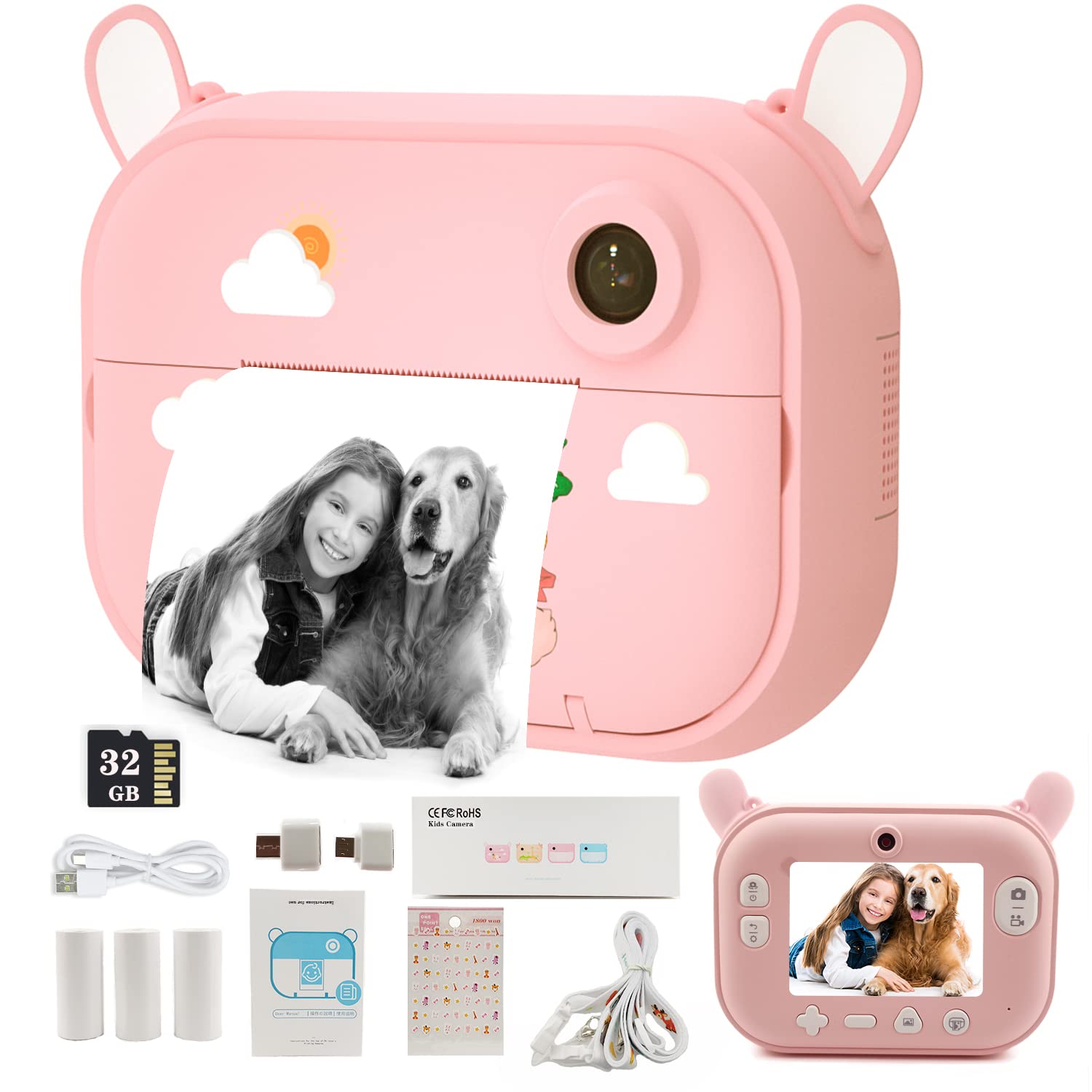 Instant Print Camera for Kids - Pink Digital Camera with 3 Rolls Photo Paper & 32GB TF Card, Christmas Birthday Gifts for Girls, Perfect for Travel, Parties & Creative Photography Fun