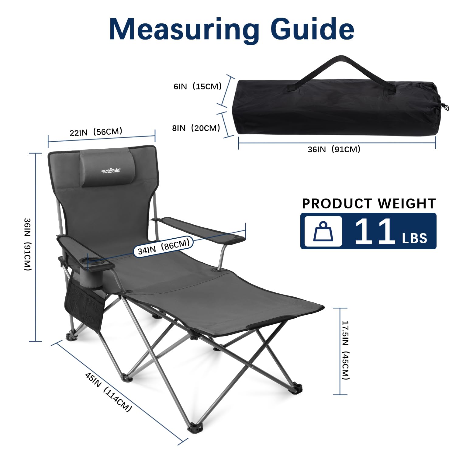 Apollo Walker 6-Legged Reclining Camping Chair for Adults - Adjustable 90°-135° Beach Lounge Chair with Footrest, Detachable Pillow & Carry Bag - Perfect for Outdoor Camping, Beach Relaxing, Backyard Lounging, and Picnics