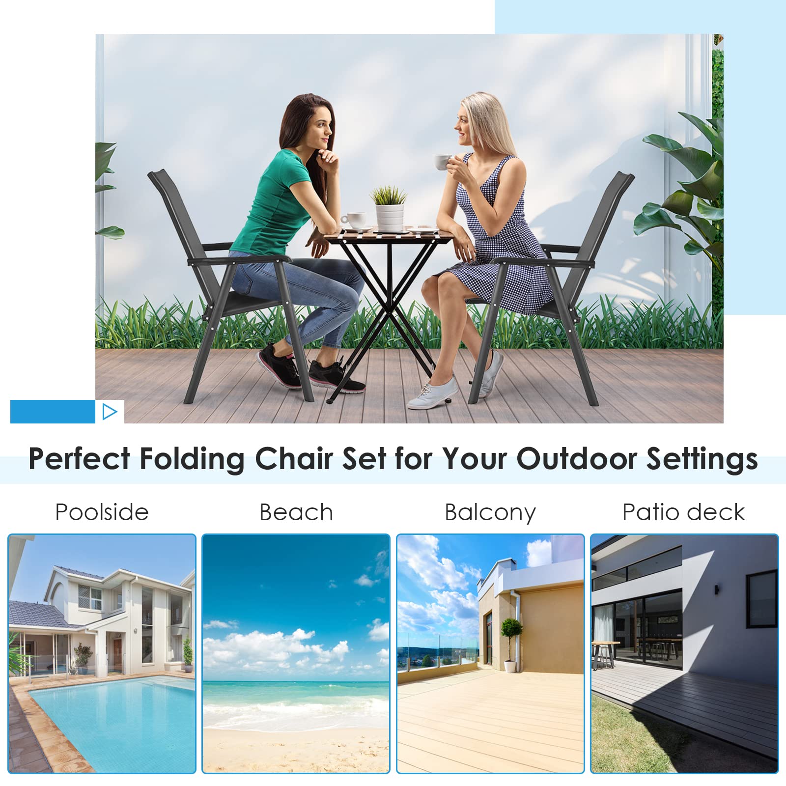 SAFSTAR Folding Patio Chairs Set of 2 - Portable Outdoor Lounge Chairs with Armrests for Garden, Backyard, Poolside & Camping - Lightweight & Durable Black Lawn Chairs