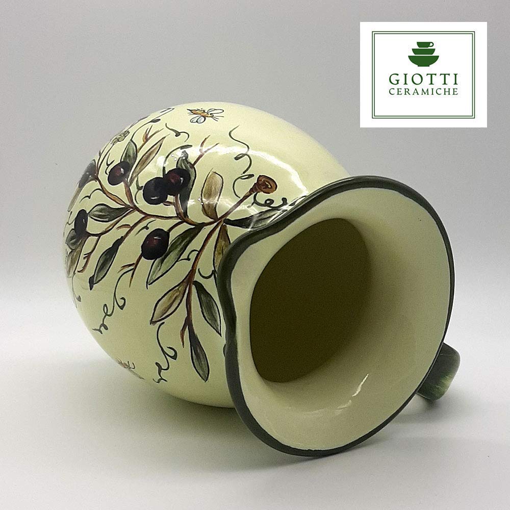 Italian Ceramic Pitcher 33oz - Hand Painted Olive Design Kitchen Carafe & Utensil Holder - Tuscan Pottery Wine Dispenser & Home Decor Vase - Perfect for Italian Kitchen Decor, Wine Serving & Farmhouse Style Dining
