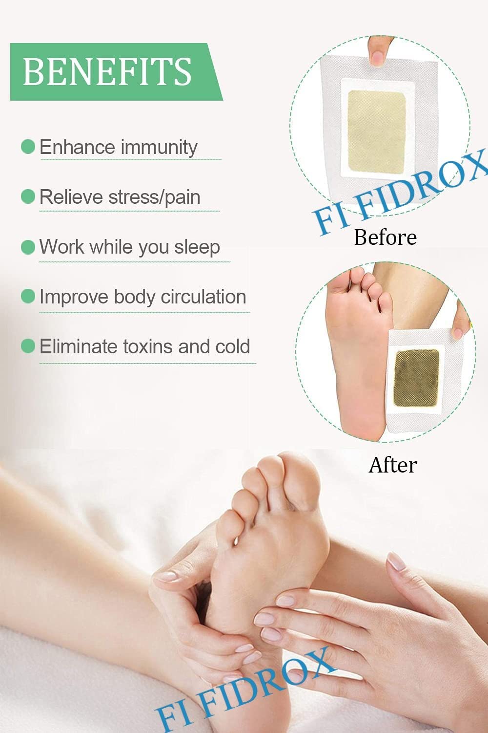 Natural Detox Foot Pads for Stress Relief & Better Sleep - FI FIDROXIMPERIA Cleansing Foot Patches to Remove Toxins, Pain-Free Body Detox Kit (10 Pads) - Perfect for Nighttime Use & Post-Workout Recovery