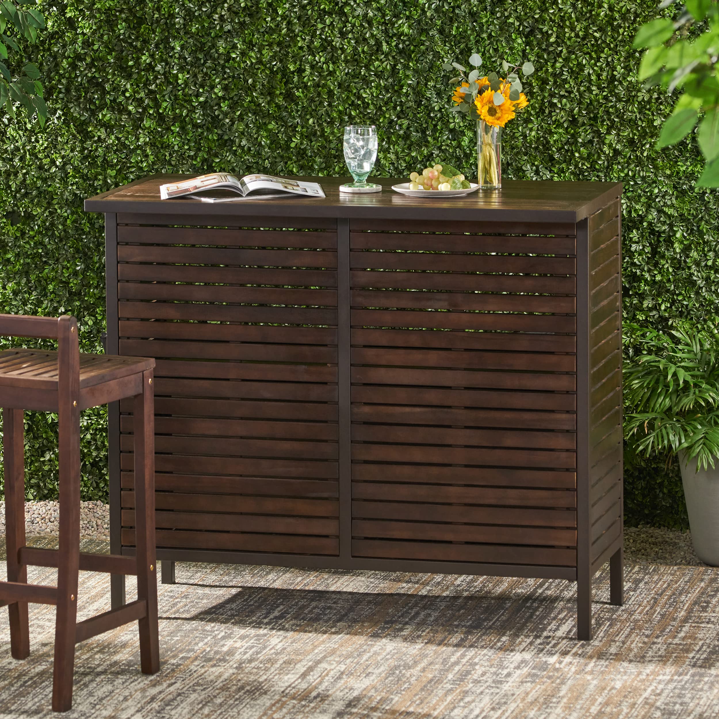 Rustic Acacia Wood Bar Table with Dark Brown Finish & Metal Base - Perfect for Kitchen Islands, Dining Rooms, and Outdoor Entertaining