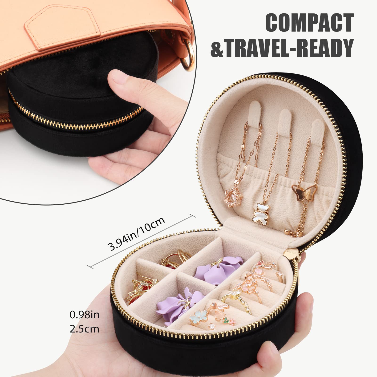 DesignSter Travel Jewelry Box - Velvet Mini Jewelry Organizer for Women & Girls, Small Jewelry Storage Case for Rings, Earrings, Necklaces - Portable Jewelry Holder for Travel, Home, Office (Circular, Black)