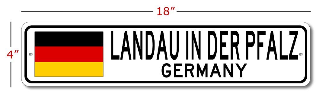 Landau In Der Pfalz Germany Metal Street Sign - 4x18 Inch German Flag Wall Decor for Bars, Pubs & Man Caves - Personalized City Sign for Home, Office & Gift Giving