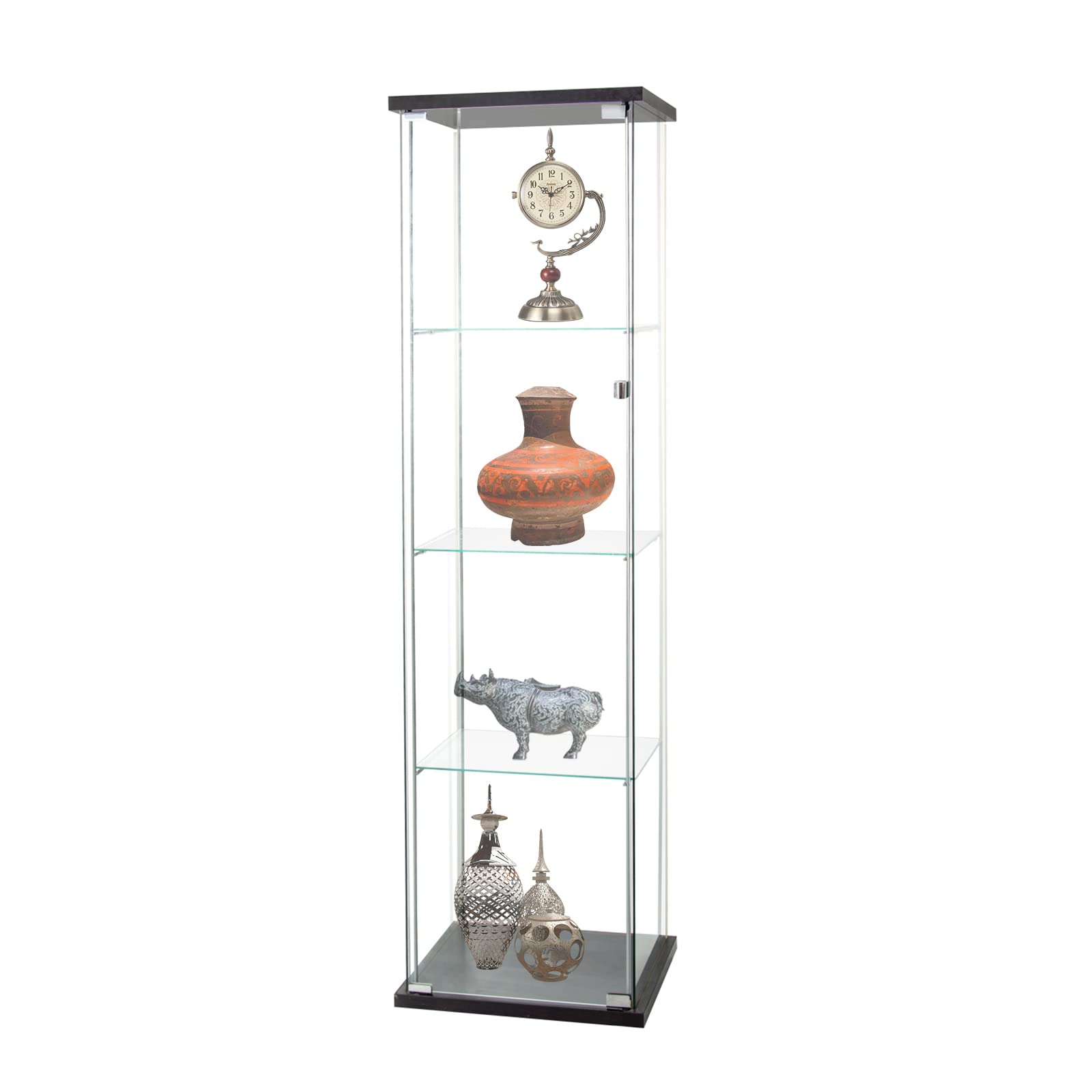HomVent 4-Shelf Glass Door Display Cabinet - Black Glass Curio Cabinet with Square Tower Design for Home Decor, Living Room, Bedroom & Office Display
