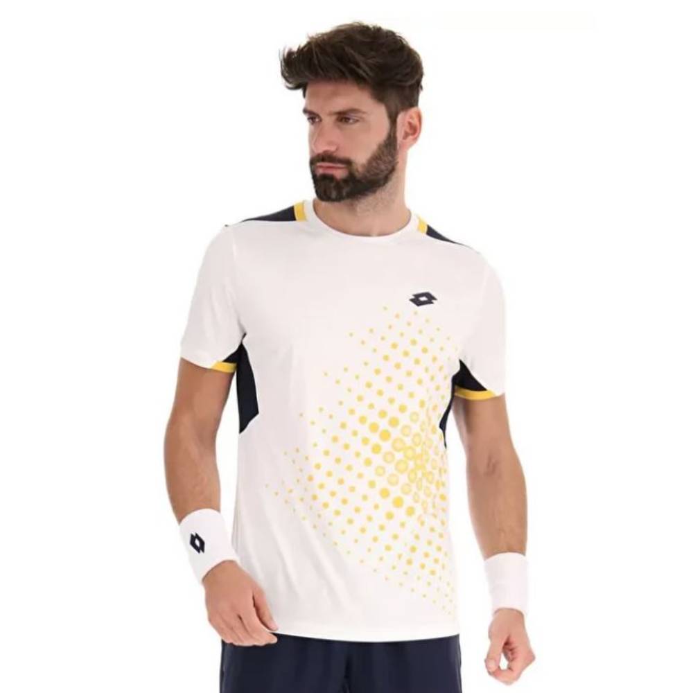 Lotto Men's IV Tee Top - Breathable Cotton Short Sleeve T-Shirt for Casual Wear & Sports (Bright White/Navy Blue) - Perfect for Gym, Running, and Everyday Outfits