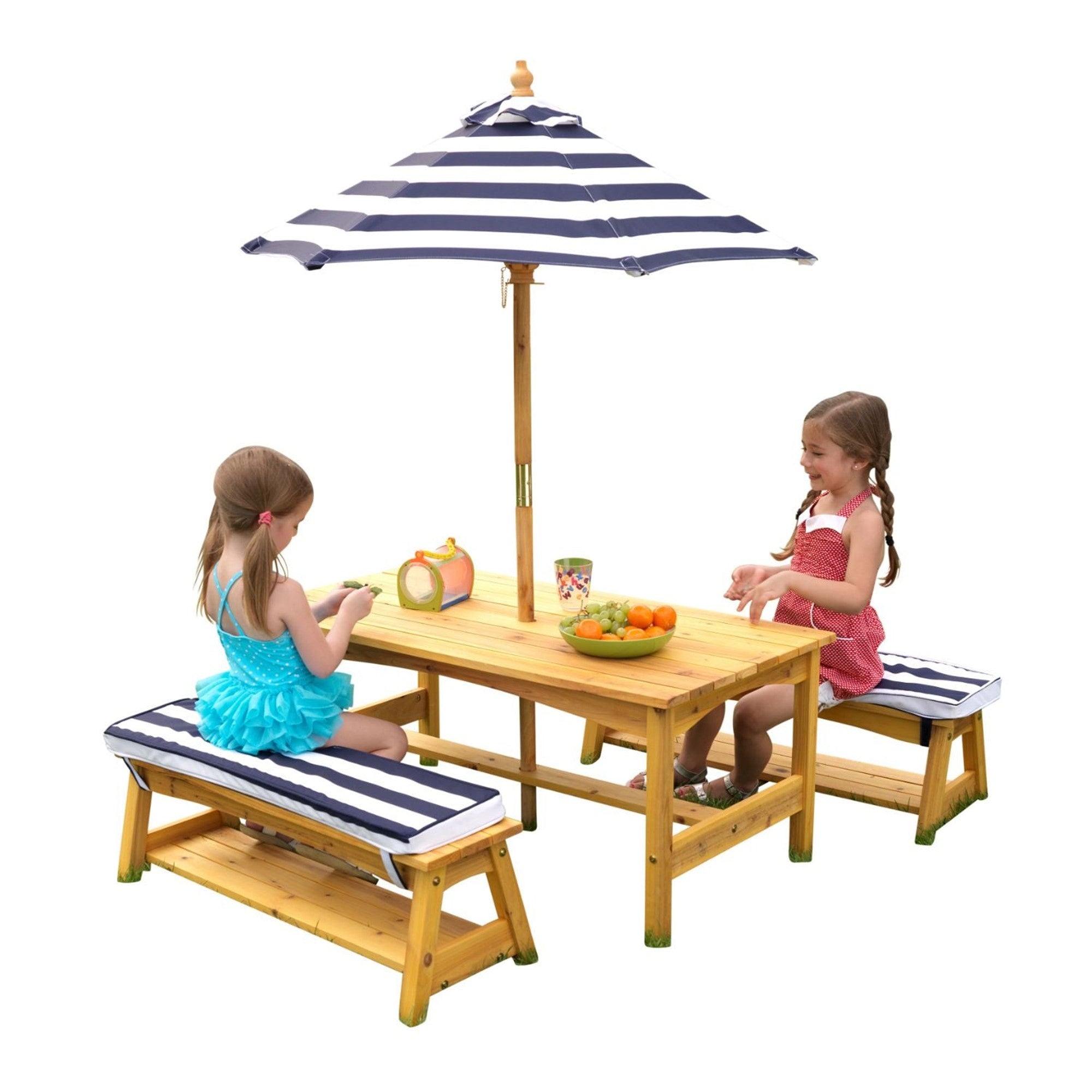 KidKraft Outdoor Table and Bench Set with Cushions & Umbrella - Navy & White Stripes - Perfect for Backyard, Patio, and Garden Playtime