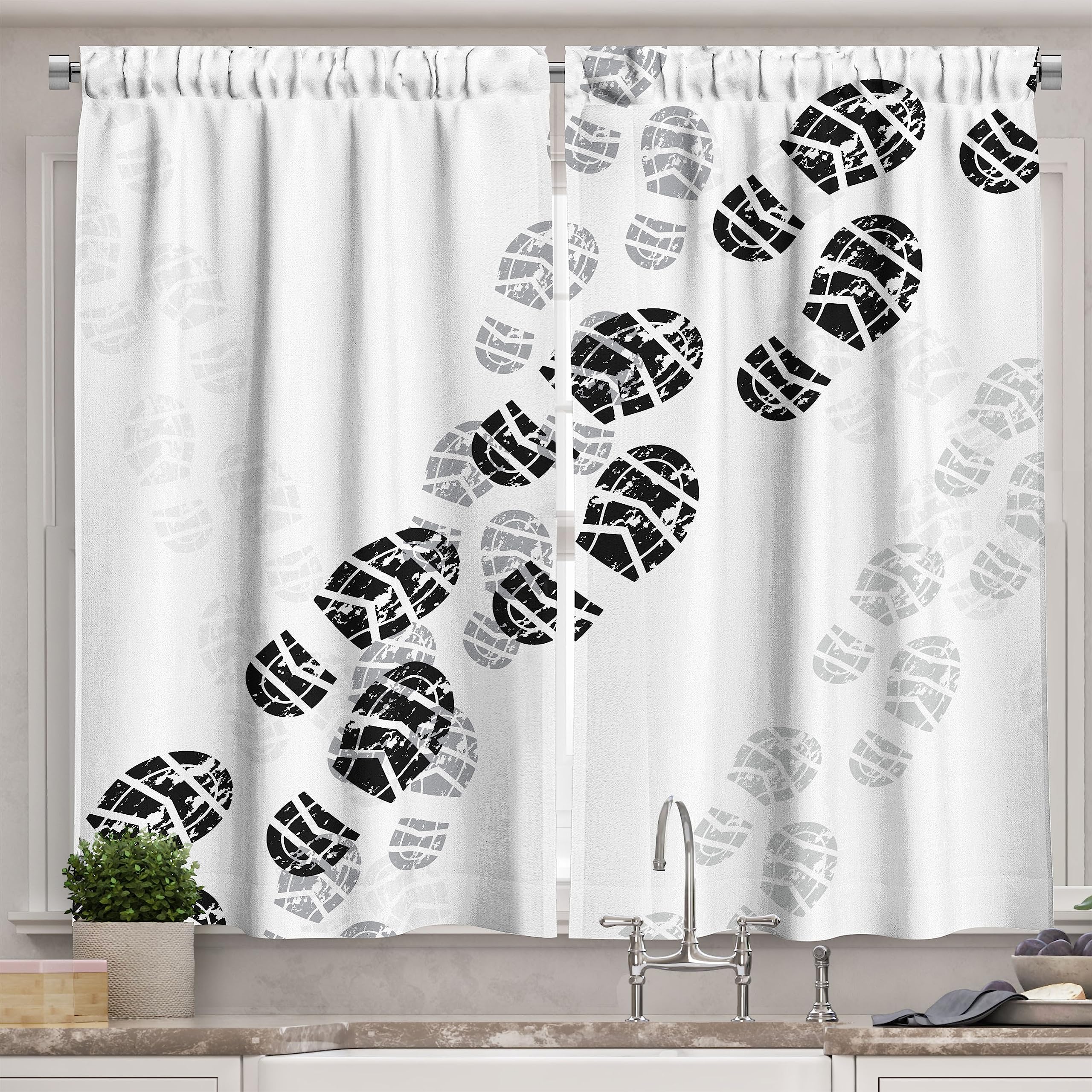 Ambesonne Running Kitchen Curtains - Grunge Shoe Print Pattern in Greyscale | 2 Panel Window Drapes for Kitchen & Cafe Decor | 55 x 39 Inches | Pale Grey Dimgray | Perfect for Modern Home, Restaurant & Office Spaces