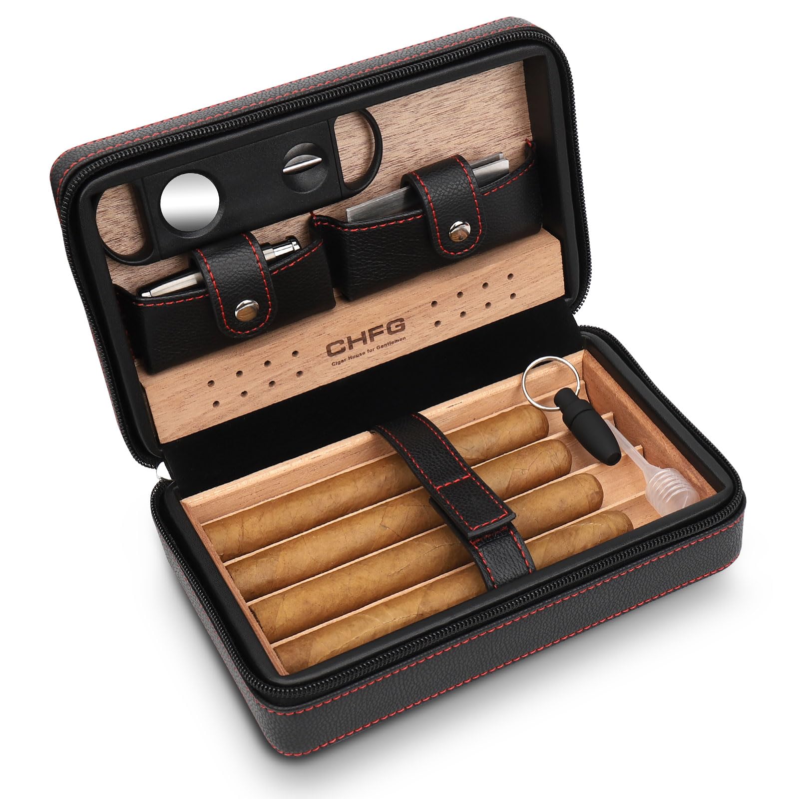 Premium Leather Cigar Case with Cedar Wood Travel Humidor - Portable Cigar Box Set Includes Cigar Lighter Accessories (Holds 4 Cigars) - Perfect Gift for Men & Cigar Enthusiasts - Ideal for Travel, Business Gifts & Special Occasions (Black)