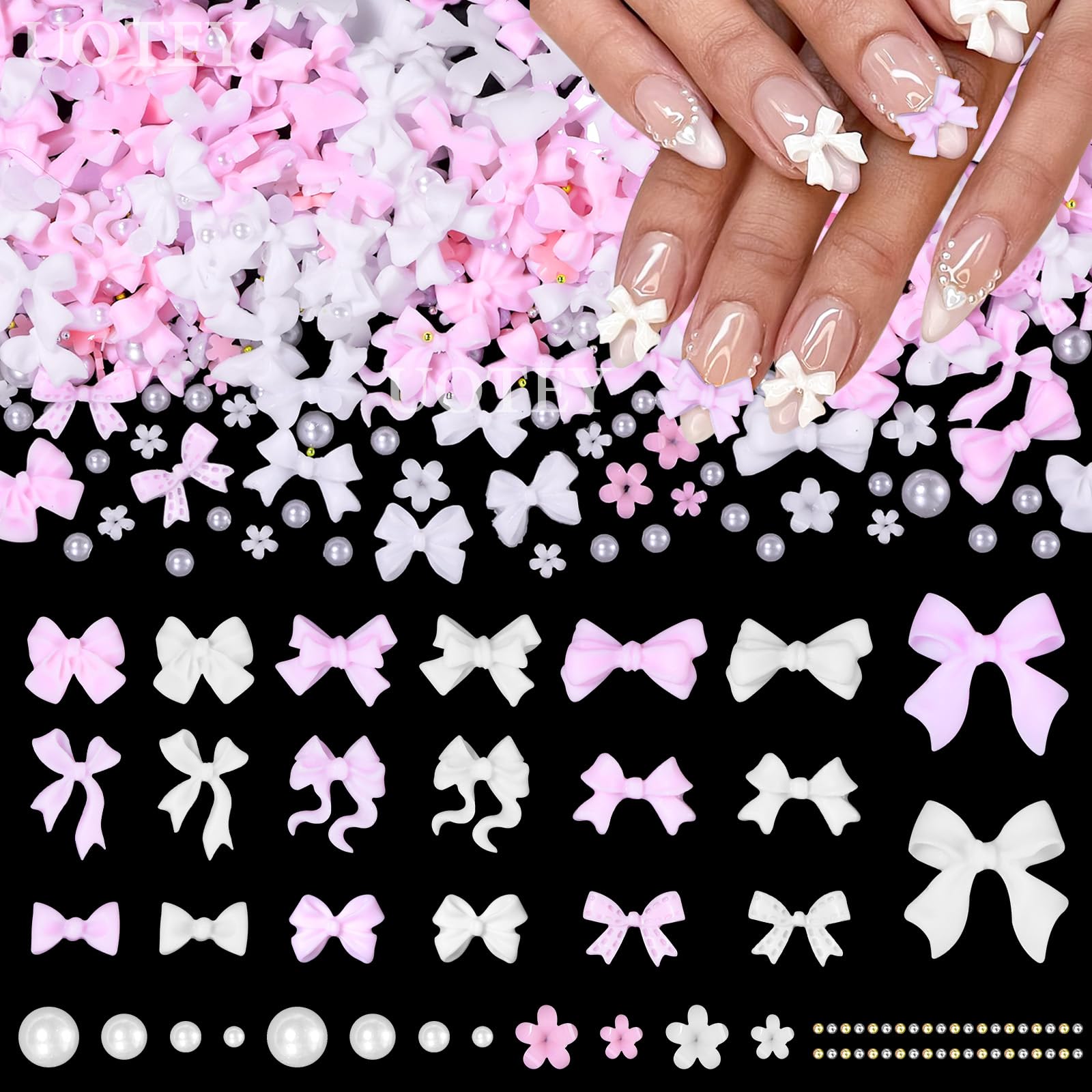 200 Pcs Pink & White 3D Bow Nail Charms - Mixed Bowknots & Bow Tie Resin Nail Art Decorations for Acrylic Nails, DIY Manicure Accessories - Perfect for Bridal, Party, Salon & Everyday Nail Art Designs