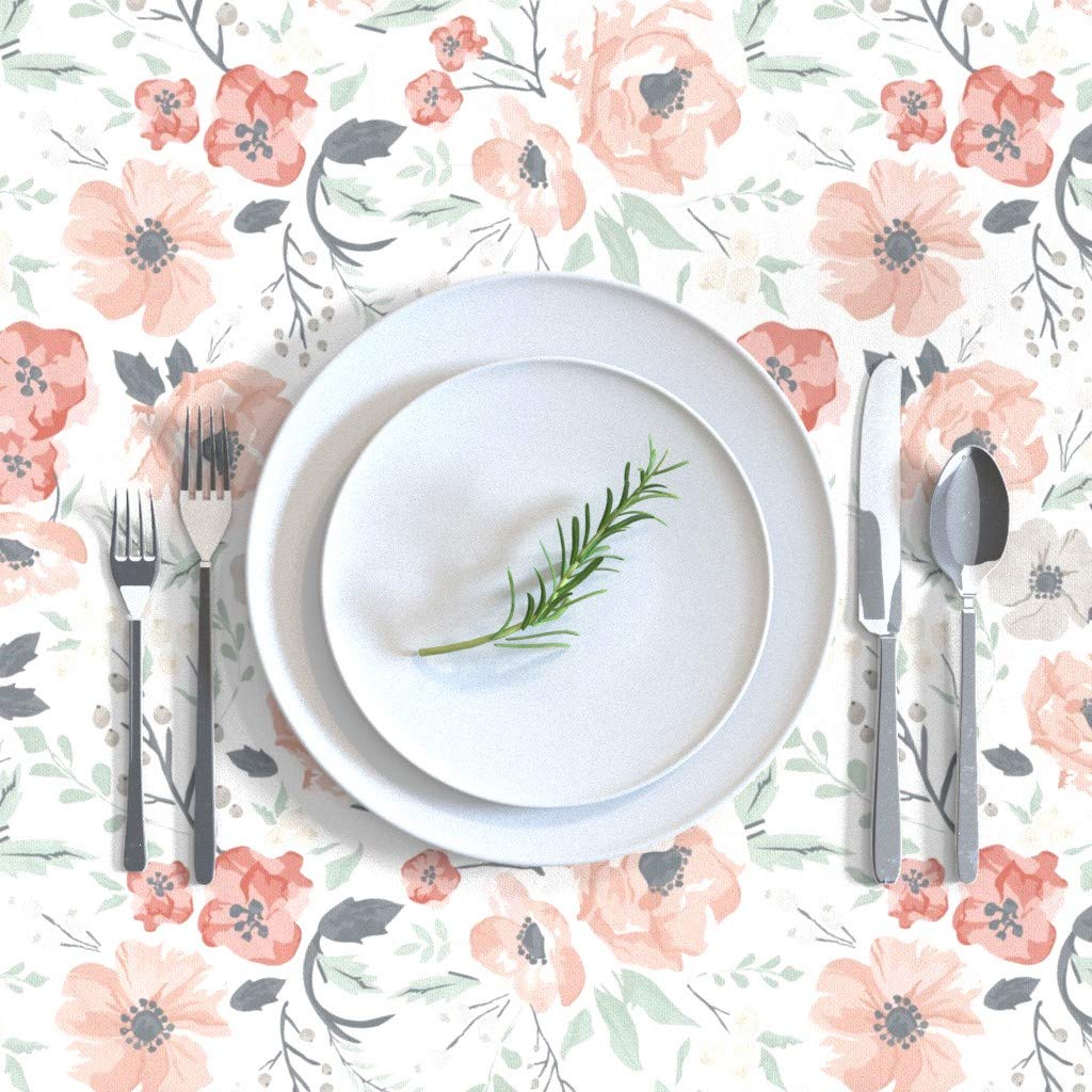Premium Cotton Sateen Tablecloth 70x108 Inches - Soft Meadow Floral Hibiscus Print in Coral, Sage & Blush Pink | Modern Wedding & Baby Shower Decor | Elegant Dining & Special Occasion Table Linens