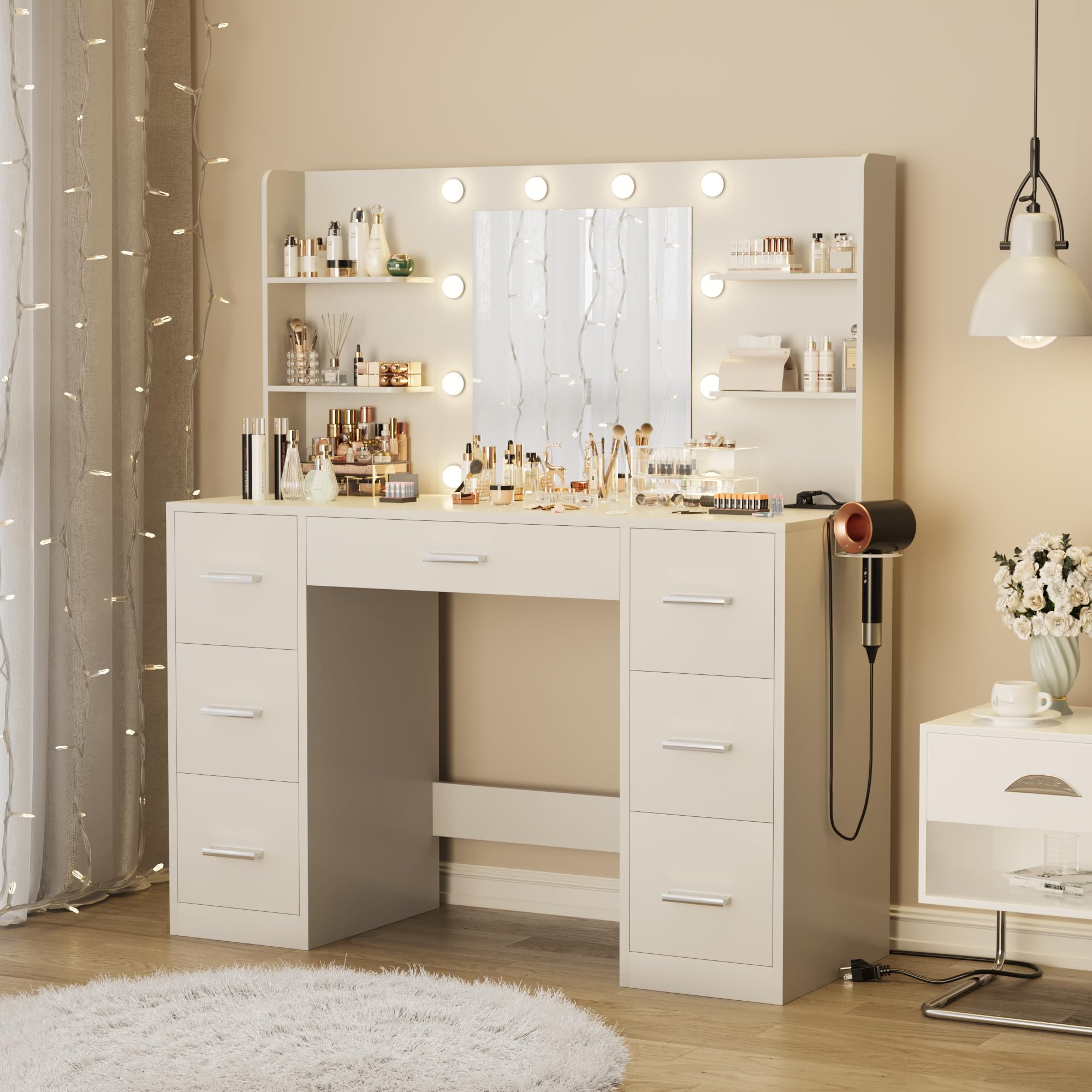 Furmax White Vanity Desk with LED Lights & Power Outlet - 7 Drawers & 6 Storage Shelves Makeup Dressing Table with Mirror for Bedroom, Dressing Room & Home Salon (Perfect for Makeup Application, Jewelry Storage & Home Office)