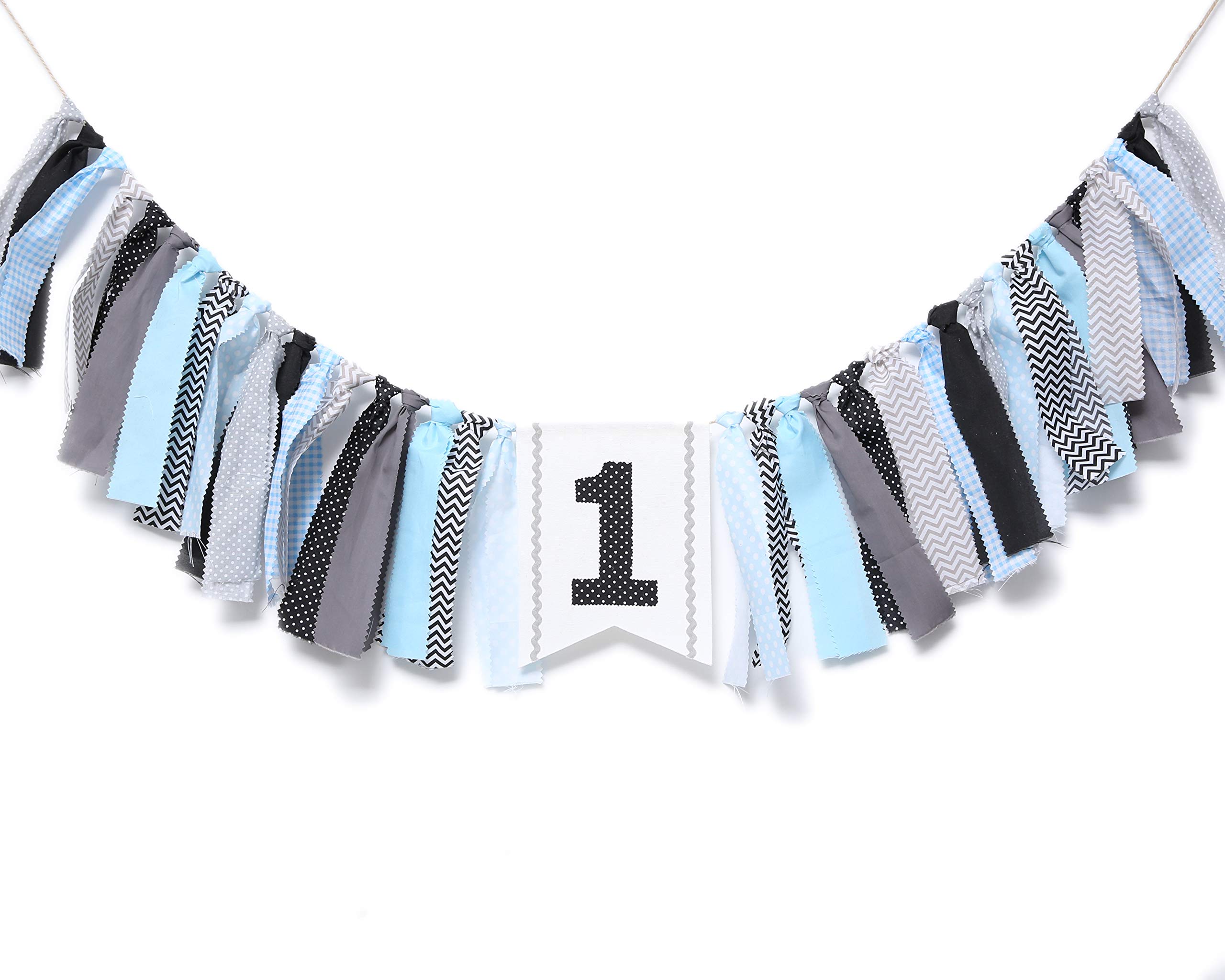 WAOUH 1st Birthday High Chair Banner - First Birthday Party Decorations, Rag Tie Fabric Garland, Photo Booth Props, Birthday Souvenir & Gifts (Black Blue) - Perfect for Baby's Milestone Celebration & Photo Shoots