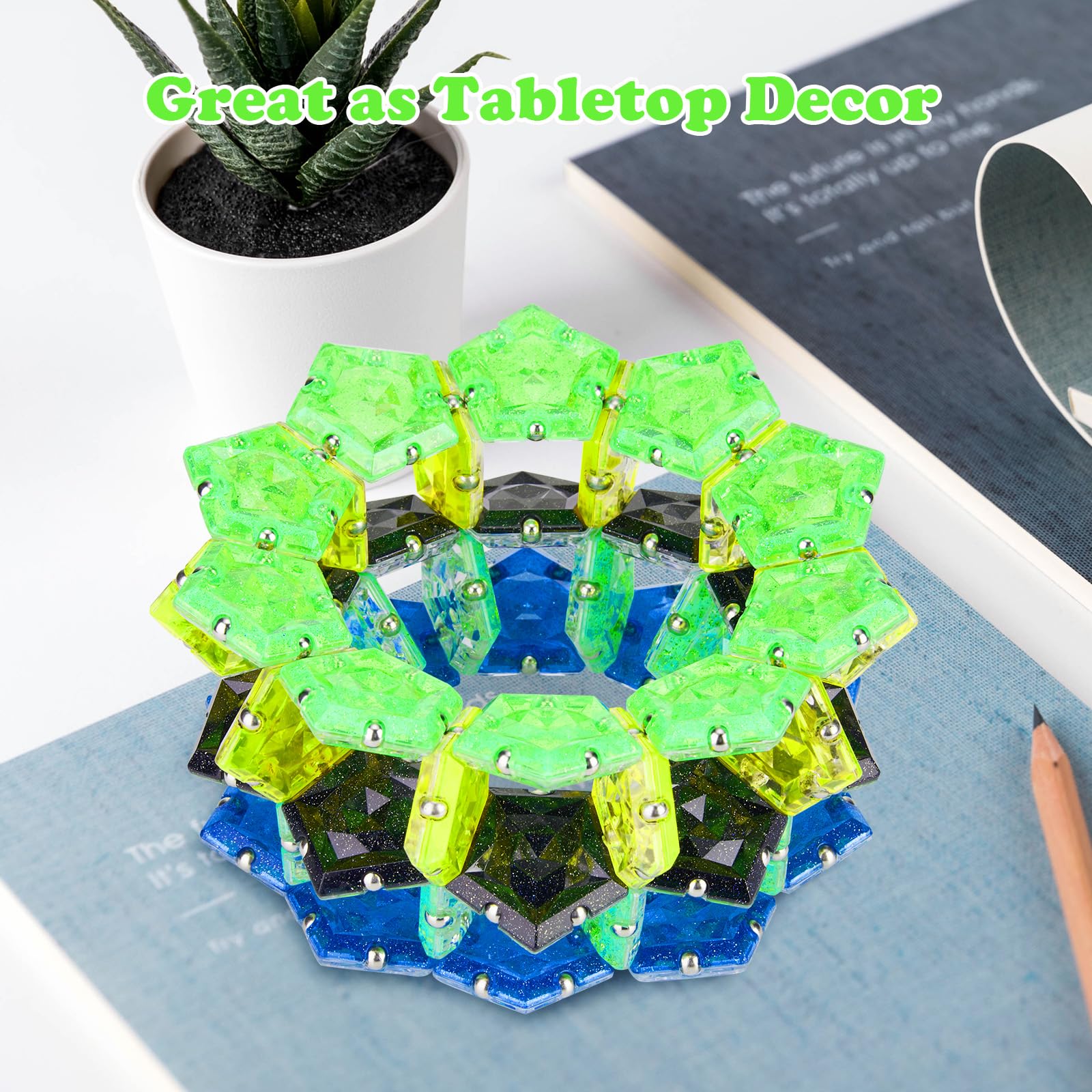 Holographic Glitter Magnetic Fidget Sphere - 12pc Sensory Magnet Toys Set for Adults - Stress Relief Desk Toy for Office, Home & Travel - Bright Green Creative Fidgeting Gadget