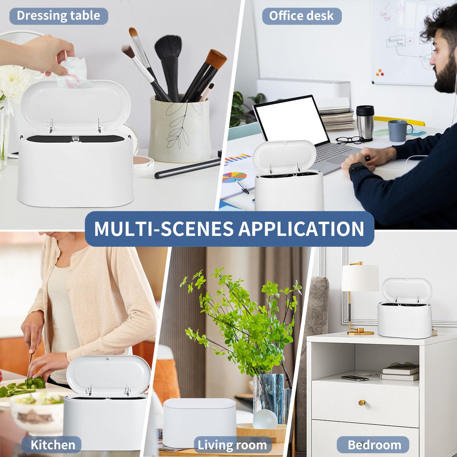 Mini Trash Can with Lid - Small Removable Garbage Bin, Compact Plastic Waste Basket for Bathroom, Office, Kitchen, Desk & Coffee Table | Pop-Up Countertop Lint Bin | Perfect for Home, Office & Travel Use (White)