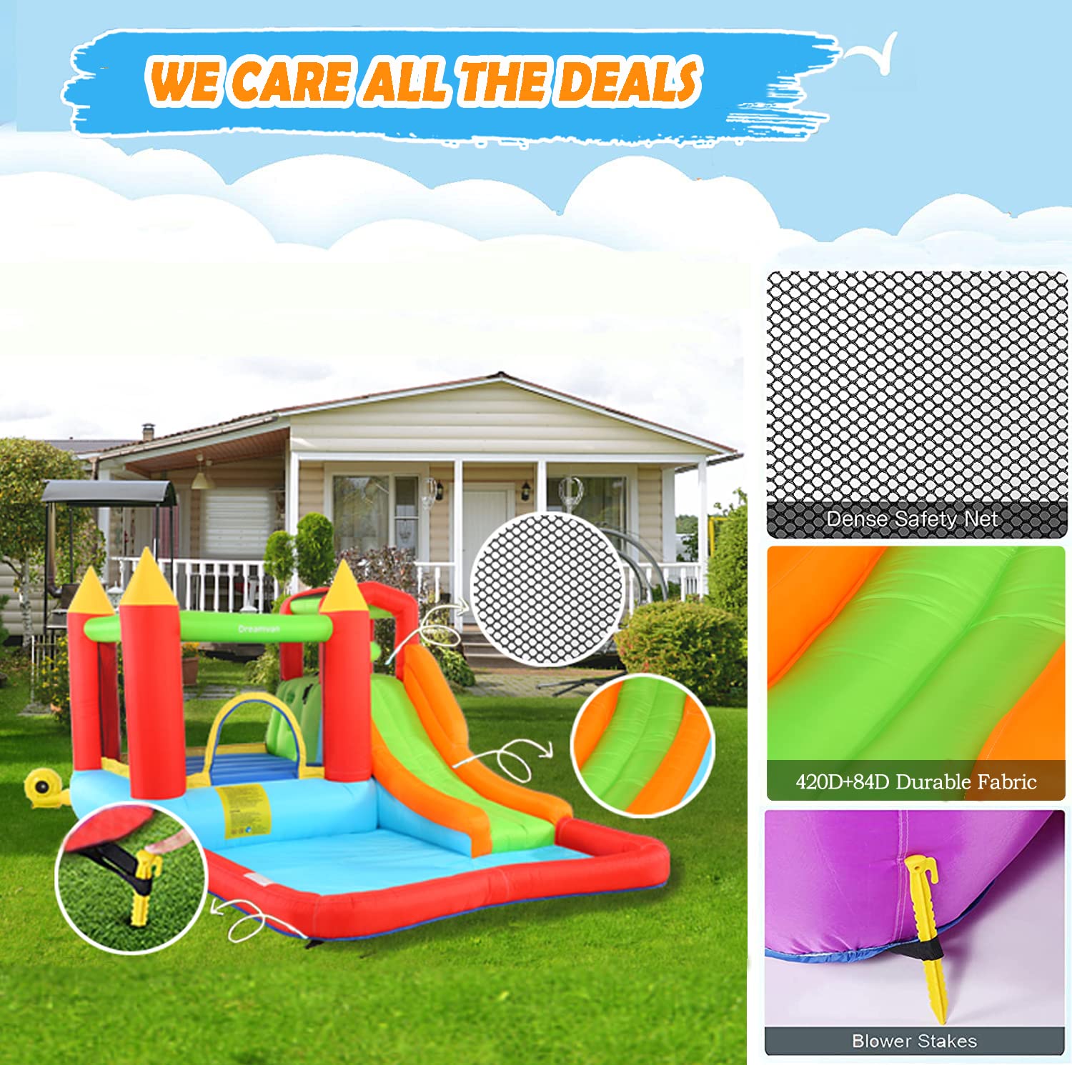 Inflatable Bounce House for Kids 3-12 - Outdoor/Indoor Bouncy Castle with Blower, Water Slide, Climbing Wall & Ball Pit - 146