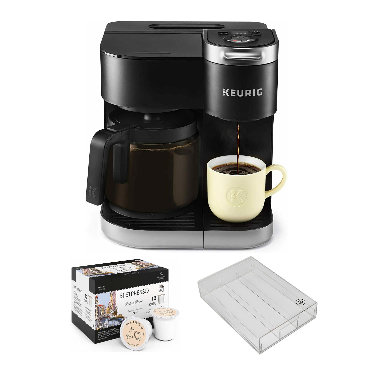Keurig K-Duo Single Serve & Carafe Coffee Maker with 12 Medium Roast K-Cup Pods & Organizer - Perfect for Home, Office, and Entertaining