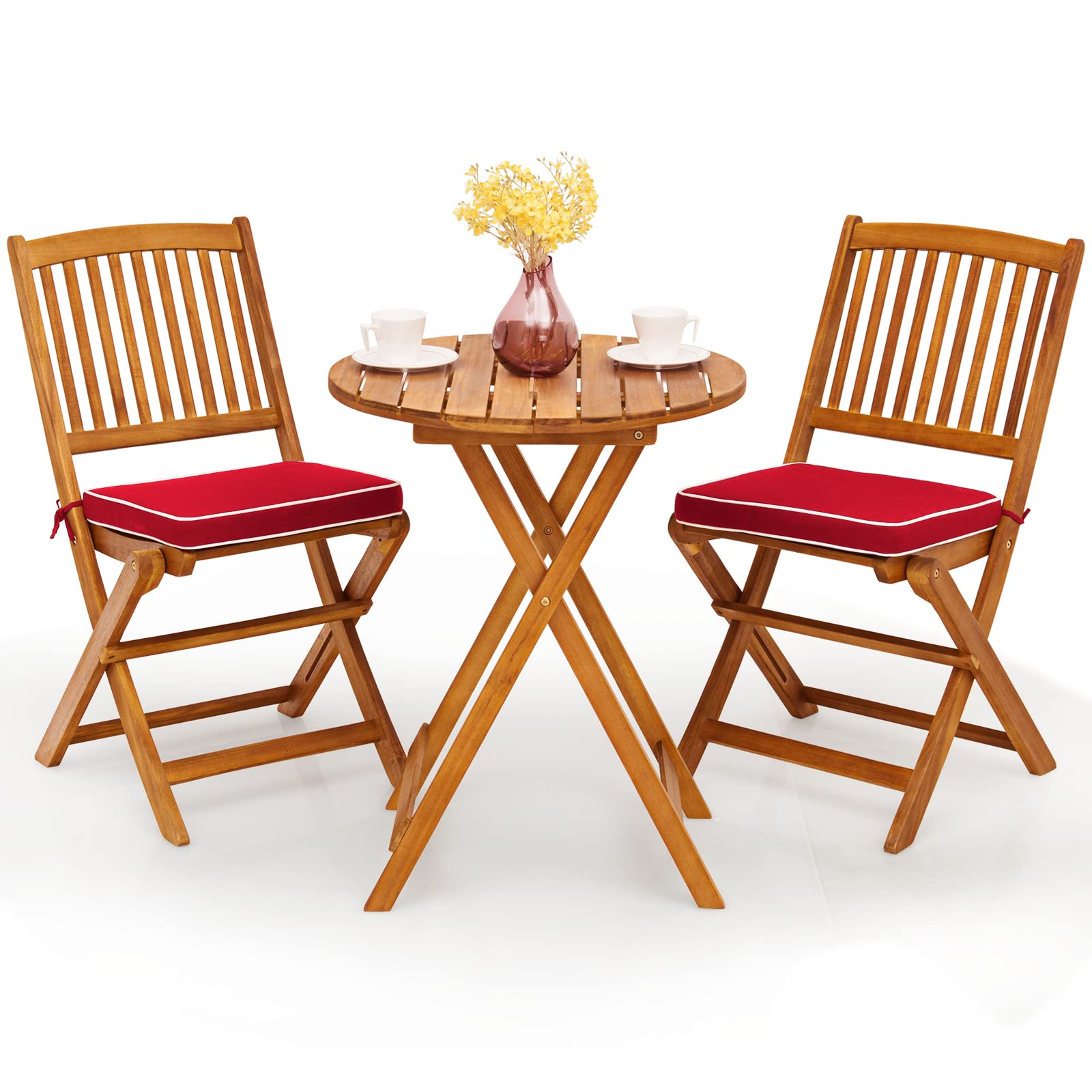 Giantex 3-Piece Patio Bistro Set - Wooden Folding Table with 2 Cushioned Chairs, Outdoor Garden Furniture for Yard, Deck, or Balcony - Natural & Red Wood Finish - Perfect for Small Spaces, Morning Coffee, and Outdoor Dining